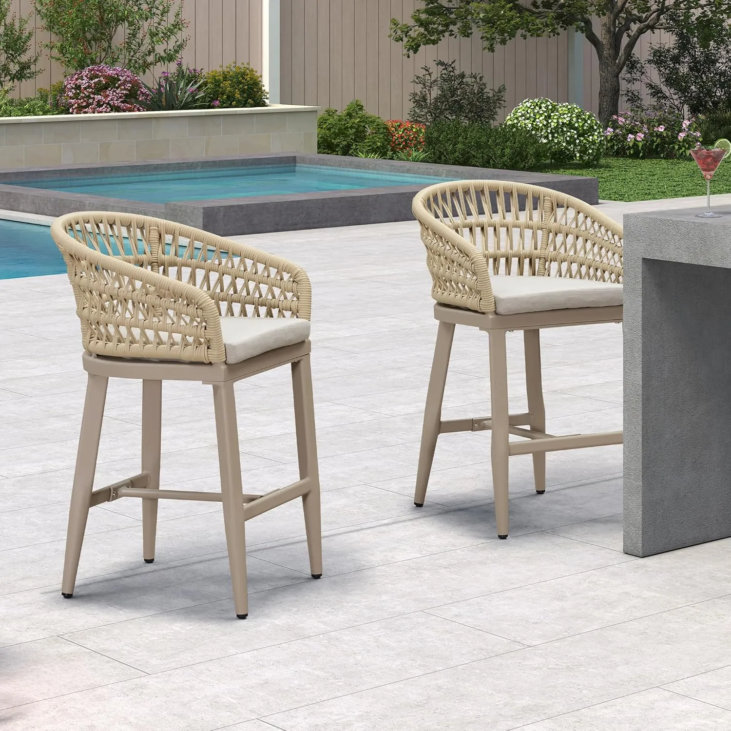 PURPLE LEAF Outdoor Rattan 24" Counter Height Bar Stools Set of 4, Aluminum Bar Chair Patio Barstool Modern Upholstered with Backrest for Indoor and Outdoor Set, Kitchen Island, Champagne