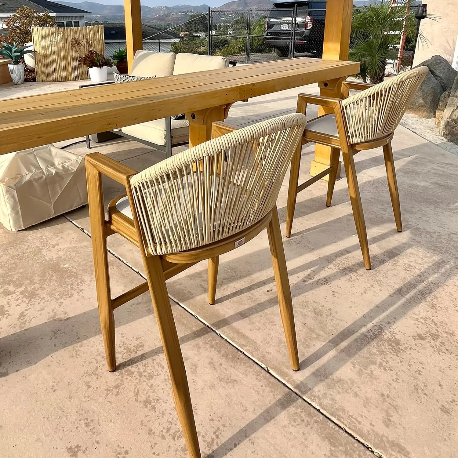PURPLE LEAF Outdoor Wicker Bar Stool Set of 4 - Rattan Height Chairs, Aluminum Barstool for Patio, Kitchen Island, Lawn, Teak