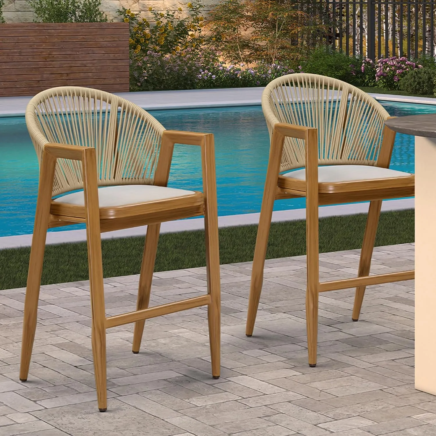 PURPLE LEAF Outdoor Wicker Bar Stool Set of 4 - Rattan Height Chairs, Aluminum Barstool for Patio, Kitchen Island, Lawn, Teak