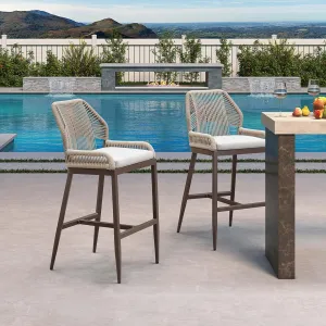 PURPLE LEAF Patio Sunbrella Bar Stools 28" H Set of 2 Handwoven Wicker Bar Height Stool Modern Aluminum High Bar Chairs Outdoor Wicker Barstools with Back and White Cushion for Kitchen Pool Island