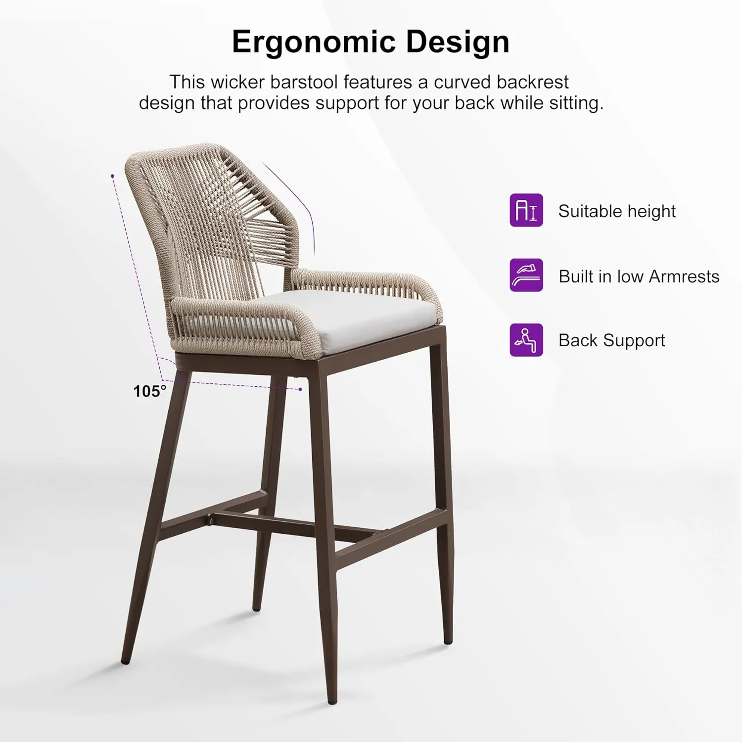 PURPLE LEAF Patio Sunbrella Bar Stools 28" H Set of 2 Handwoven Wicker Bar Height Stool Modern Aluminum High Bar Chairs Outdoor Wicker Barstools with Back and White Cushion for Kitchen Pool Island