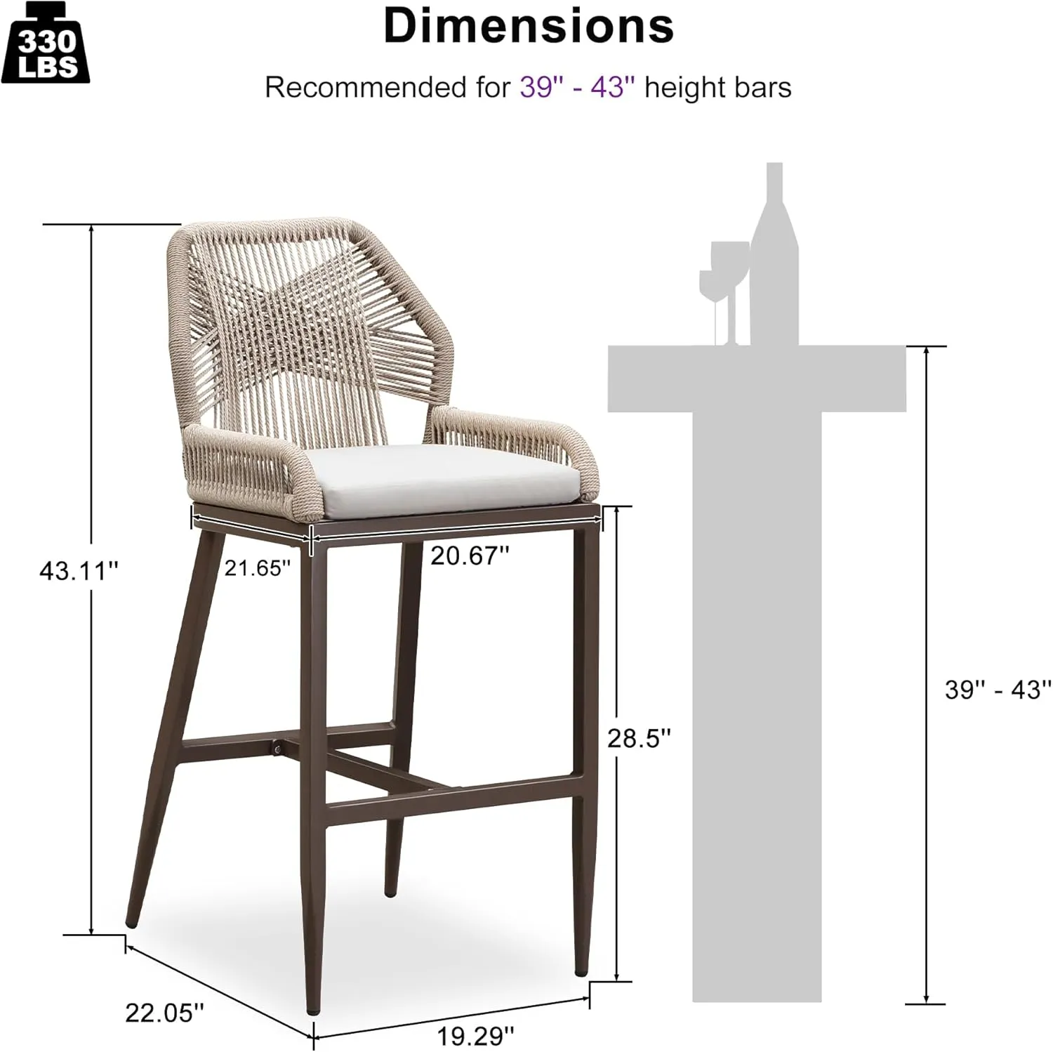 PURPLE LEAF Patio Sunbrella Bar Stools 28" H Set of 2 Handwoven Wicker Bar Height Stool Modern Aluminum High Bar Chairs Outdoor Wicker Barstools with Back and White Cushion for Kitchen Pool Island