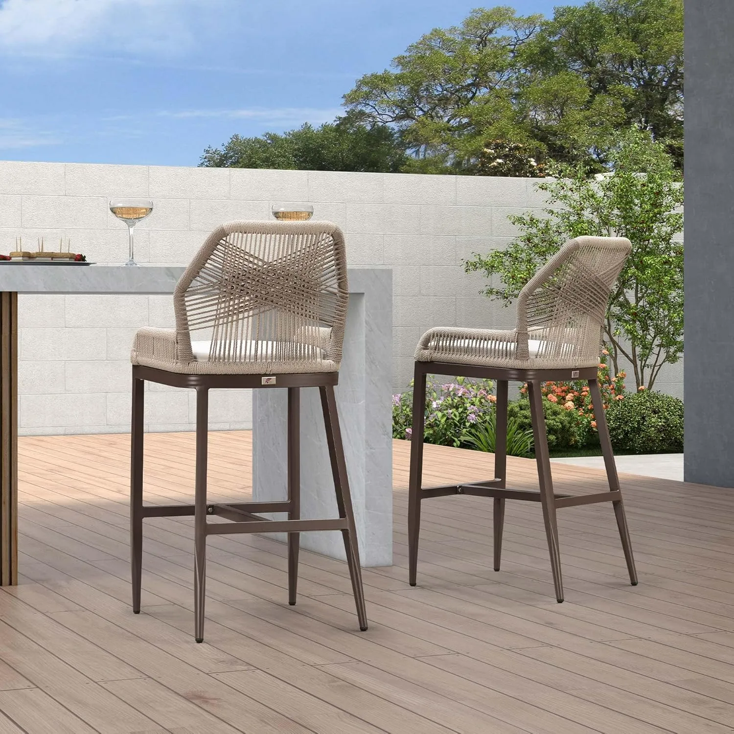 PURPLE LEAF Patio Sunbrella Bar Stools 28" H Set of 2 Handwoven Wicker Bar Height Stool Modern Aluminum High Bar Chairs Outdoor Wicker Barstools with Back and White Cushion for Kitchen Pool Island