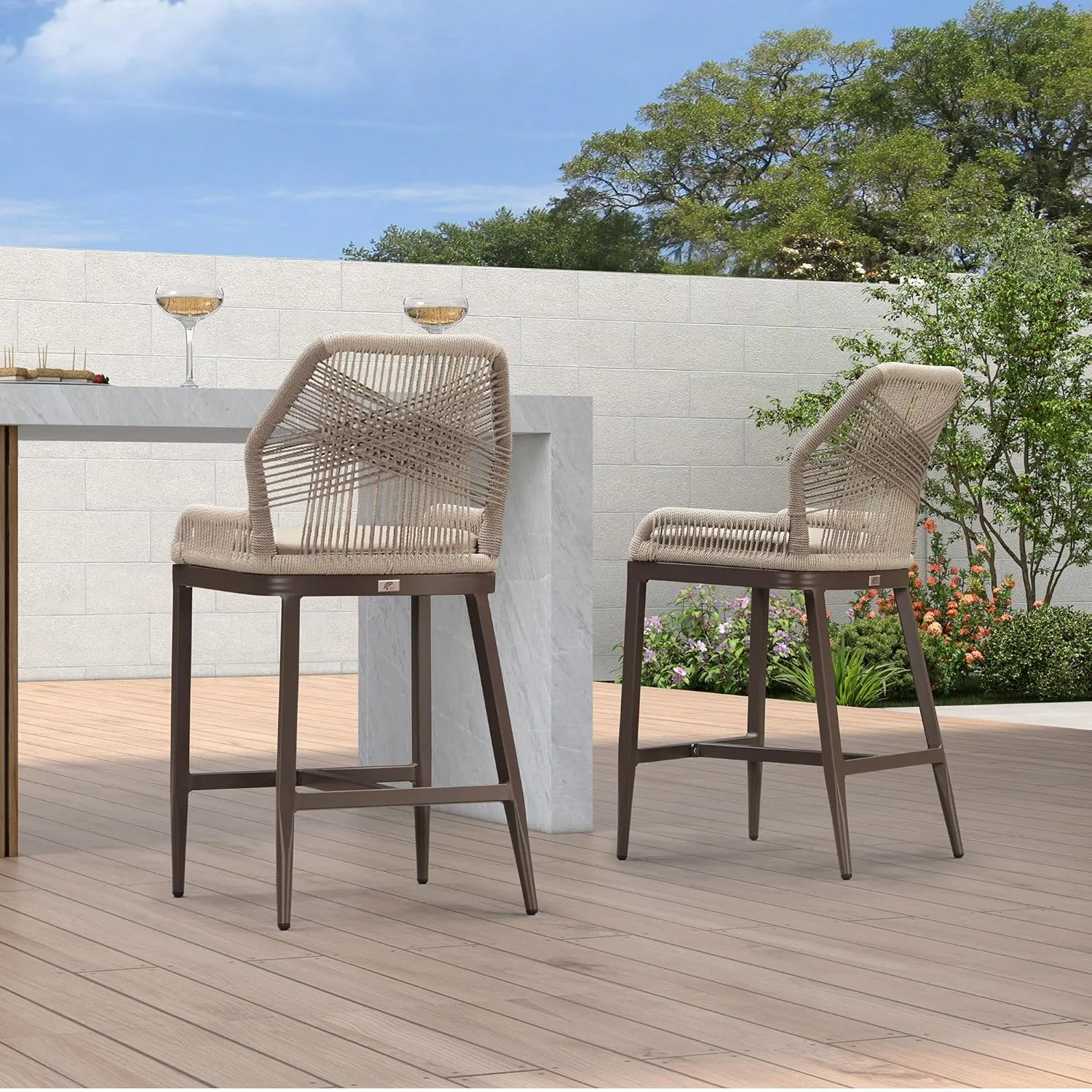 PURPLE LEAF Patio Sunbrella Counter Height Bar Stools 24" H Set of 2 Modern Rattan Bar Chairs Aluminum Stool Outdoor Wicker Barstools with Back and Cushion for Garden Kitchen Island