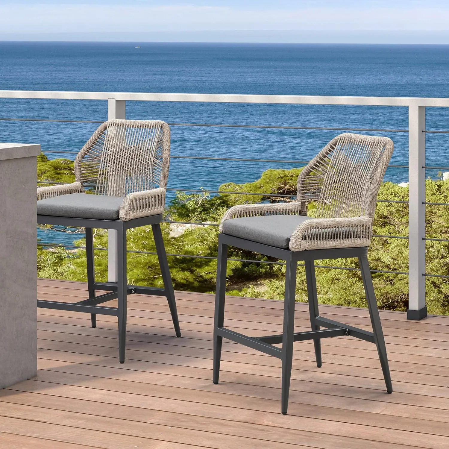 PURPLE LEAF Patio Sunbrella Counter Height Bar Stools 24" H Set of 2 Modern Rattan Bar Chairs Aluminum Stool Outdoor Wicker Barstools with Back and Cushion for Garden Kitchen Island