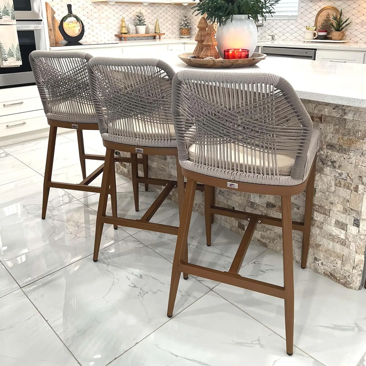 PURPLE LEAF Patio Sunbrella Counter Height Bar Stools 24" H Set of 2 Modern Rattan Bar Chairs Aluminum Stool Outdoor Wicker Barstools with Back and Cushion for Garden Kitchen Island
