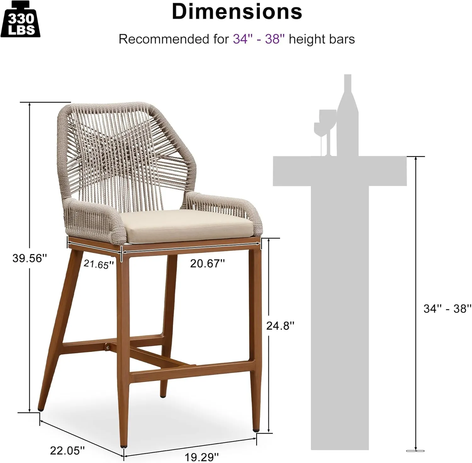 PURPLE LEAF Patio Sunbrella Counter Height Bar Stools 24" H Set of 2 Modern Rattan Bar Chairs Aluminum Stool Outdoor Wicker Barstools with Back and Cushion for Garden Kitchen Island