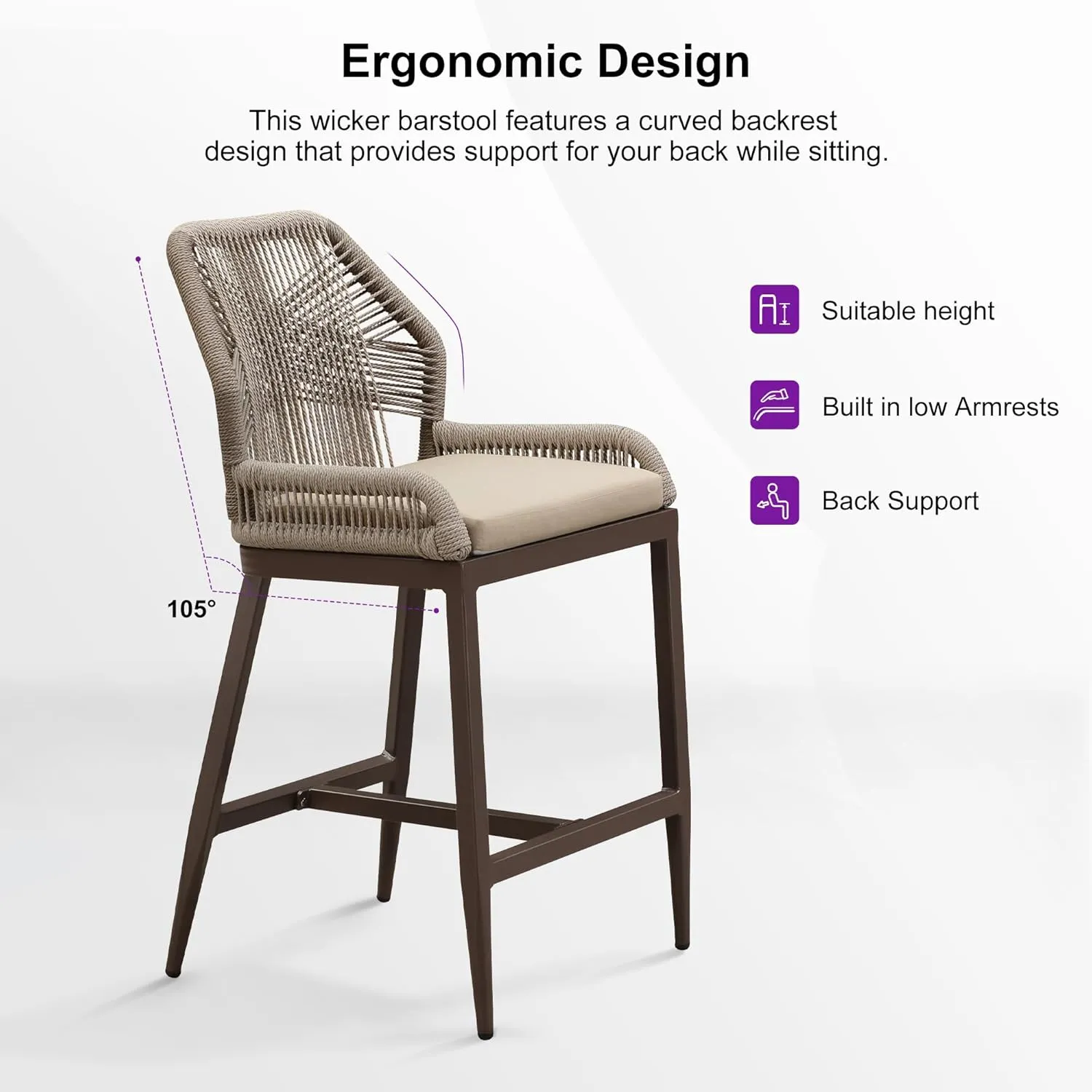 PURPLE LEAF Patio Sunbrella Counter Height Bar Stools 24" H Set of 2 Modern Rattan Bar Chairs Aluminum Stool Outdoor Wicker Barstools with Back and Cushion for Garden Kitchen Island