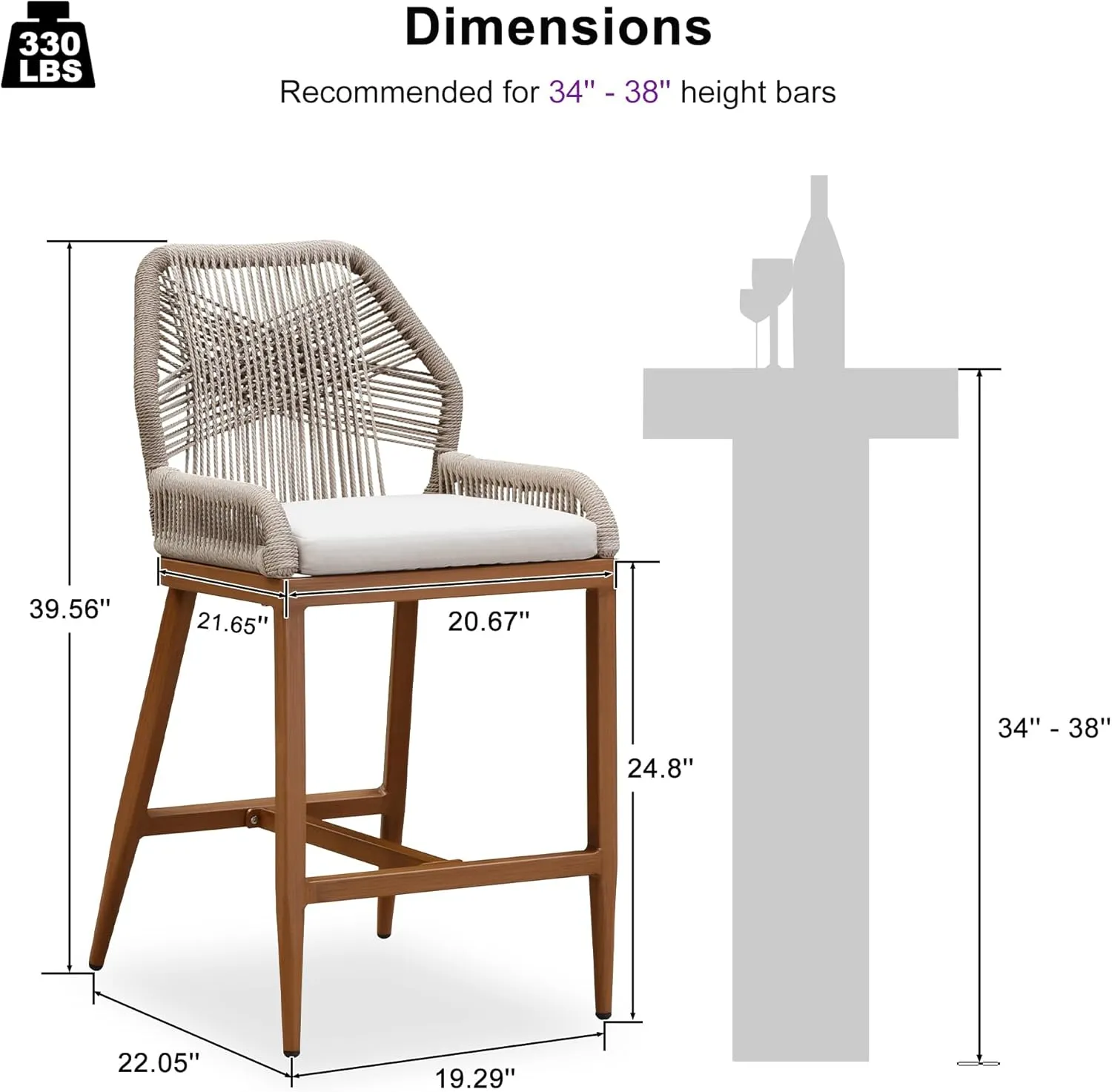 PURPLE LEAF Patio Sunbrella Counter Height Bar Stools 24" H Set of 2 Modern Rattan Bar Chairs Aluminum Stool Outdoor Wicker Barstools with Back and Cushion for Garden Kitchen Island