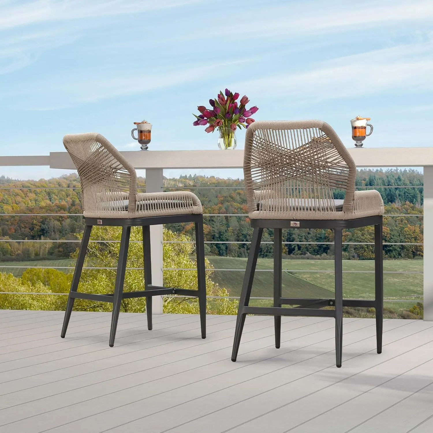 PURPLE LEAF Patio Sunbrella Counter Height Bar Stools 24" H Set of 2 Modern Rattan Bar Chairs Aluminum Stool Outdoor Wicker Barstools with Back and Cushion for Garden Kitchen Island