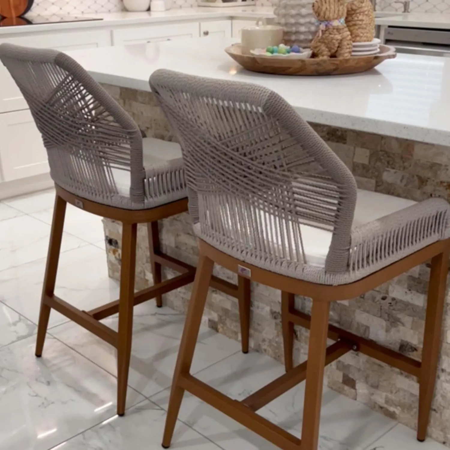PURPLE LEAF Patio Sunbrella Counter Height Bar Stools 24" H Set of 2 Modern Rattan Bar Chairs Aluminum Stool Outdoor Wicker Barstools with Back and Cushion for Garden Kitchen Island