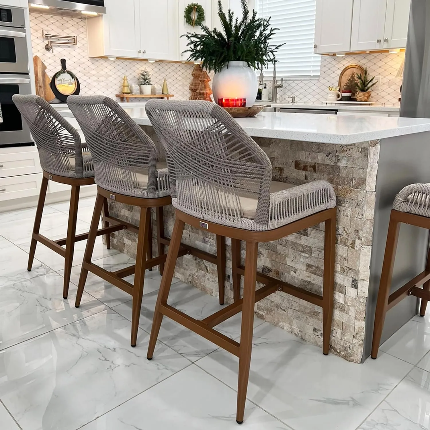 PURPLE LEAF Patio Sunbrella Counter Height Bar Stools 24" H Set of 2 Modern Rattan Bar Chairs Aluminum Stool Outdoor Wicker Barstools with Back and Cushion for Garden Kitchen Island