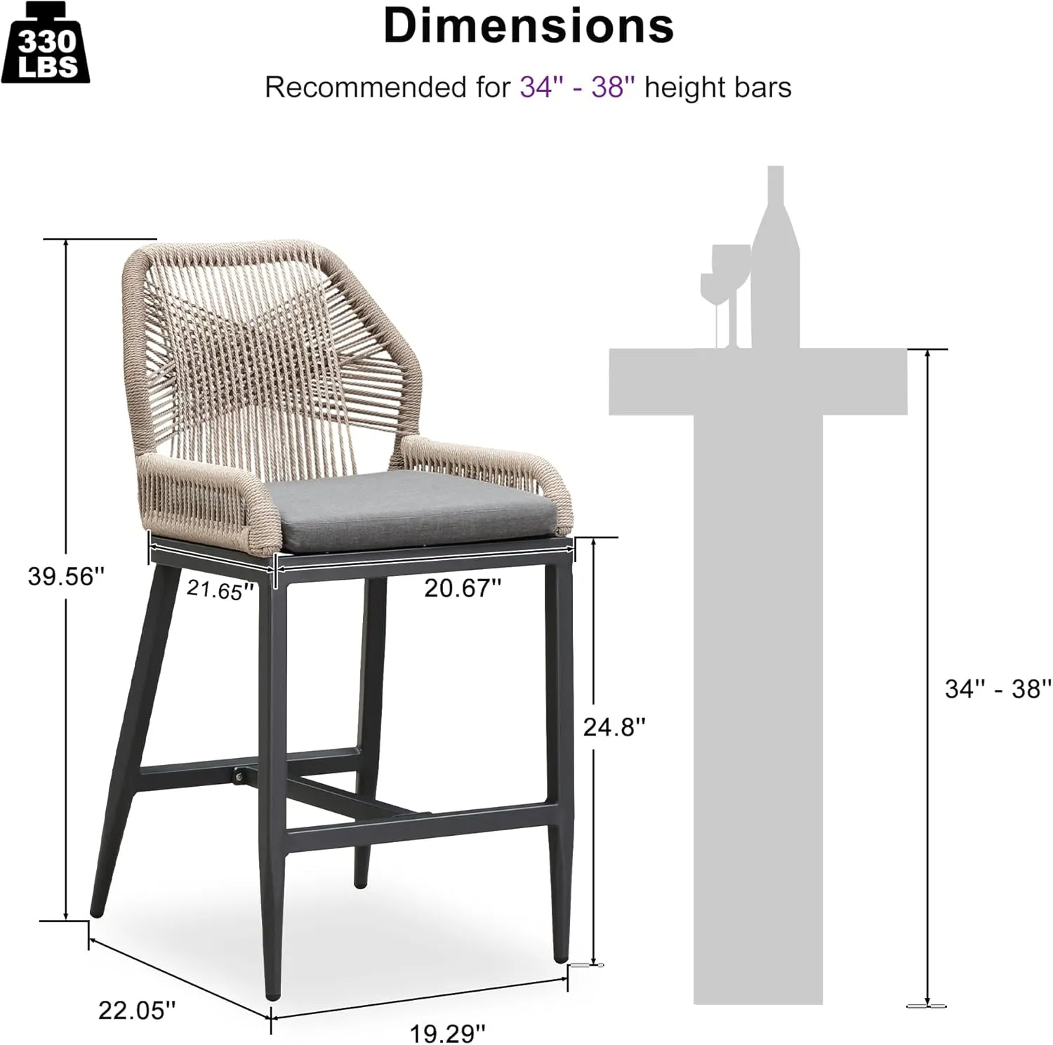 PURPLE LEAF Patio Sunbrella Counter Height Bar Stools 24" H Set of 2 Modern Rattan Bar Chairs Aluminum Stool Outdoor Wicker Barstools with Back and Cushion for Garden Kitchen Island