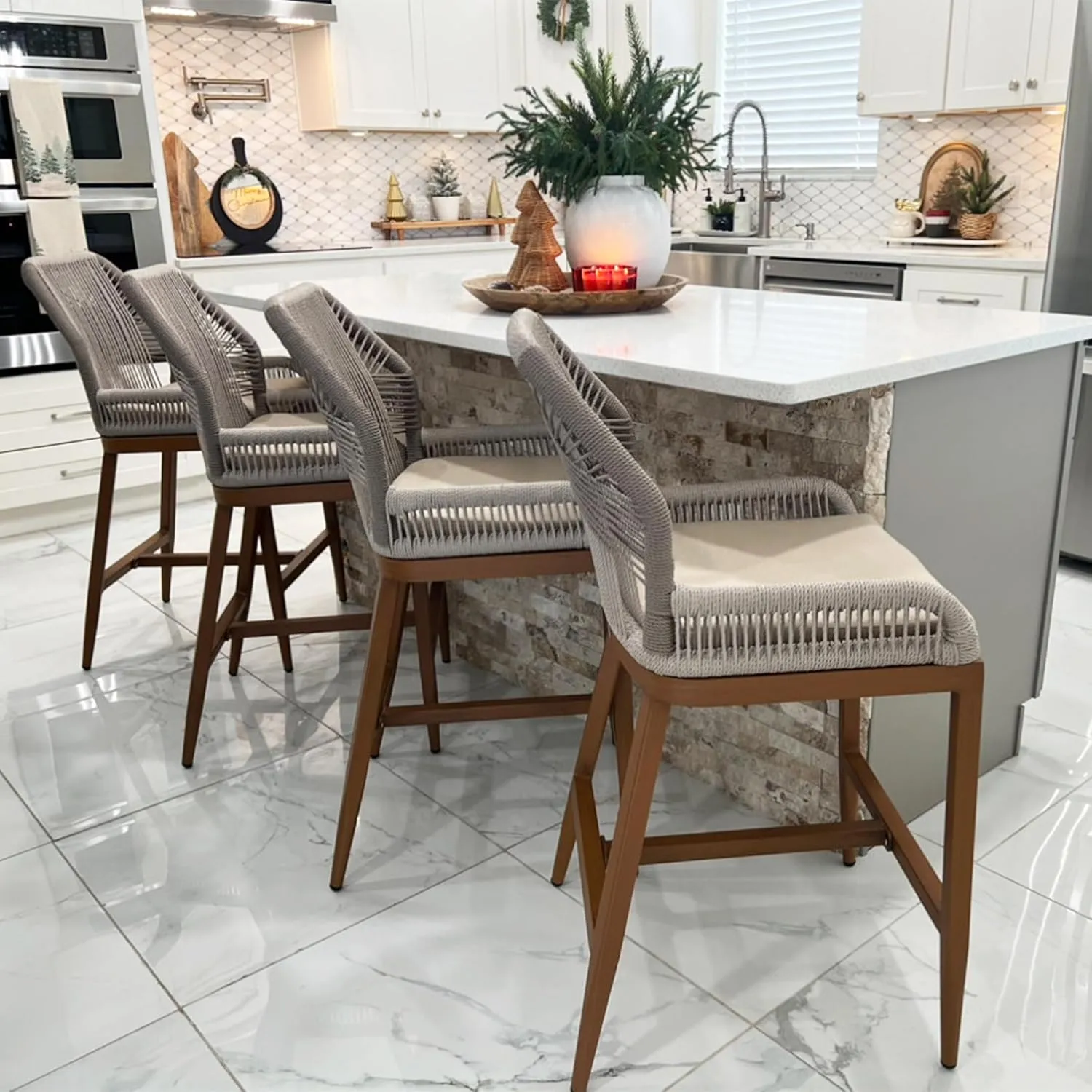 PURPLE LEAF Patio Sunbrella Counter Height Bar Stools 24" H Set of 2 Modern Rattan Bar Chairs Aluminum Stool Outdoor Wicker Barstools with Back and Cushion for Garden Kitchen Island