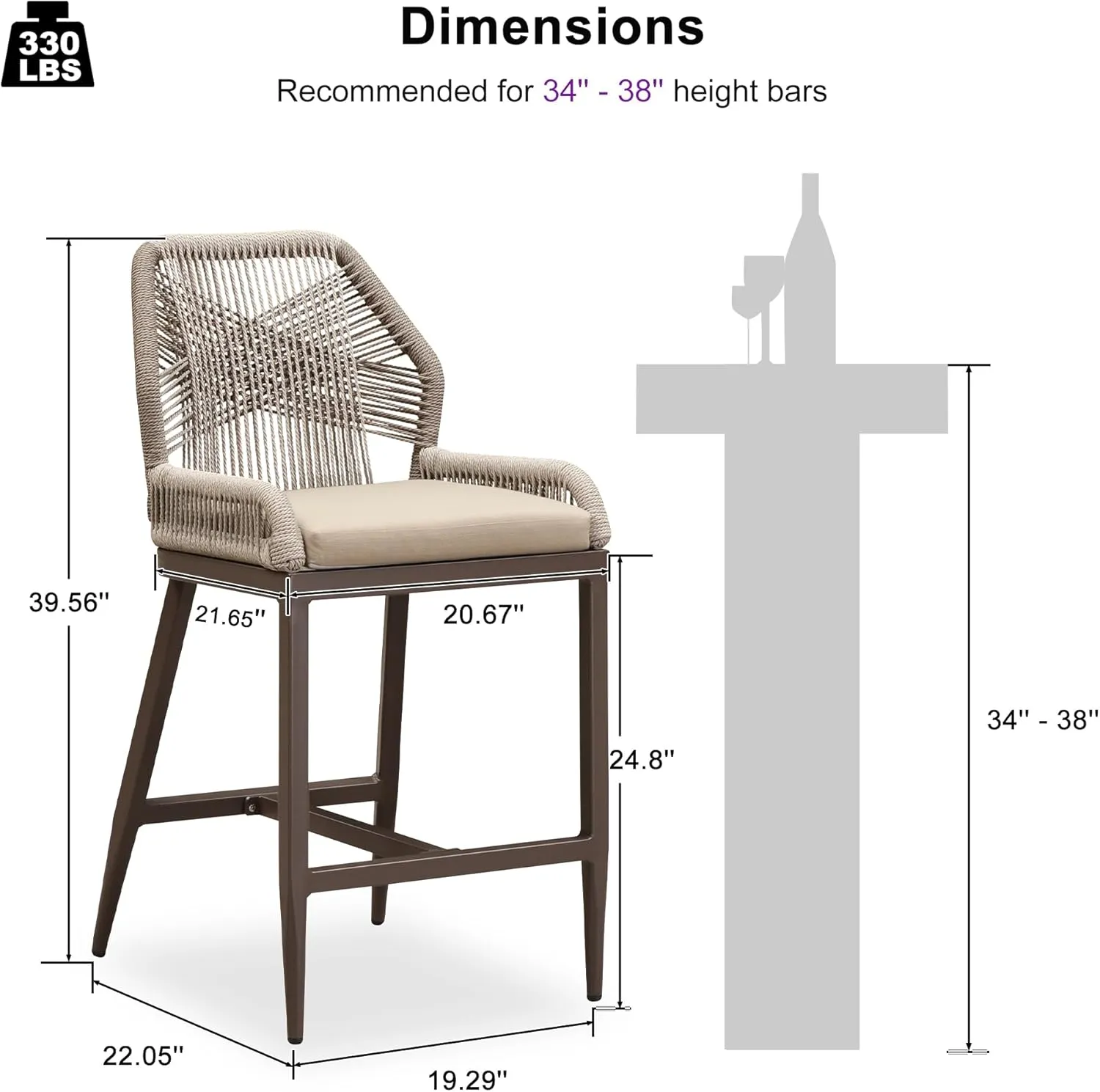 PURPLE LEAF Patio Sunbrella Counter Height Bar Stools 24" H Set of 2 Modern Rattan Bar Chairs Aluminum Stool Outdoor Wicker Barstools with Back and Cushion for Garden Kitchen Island