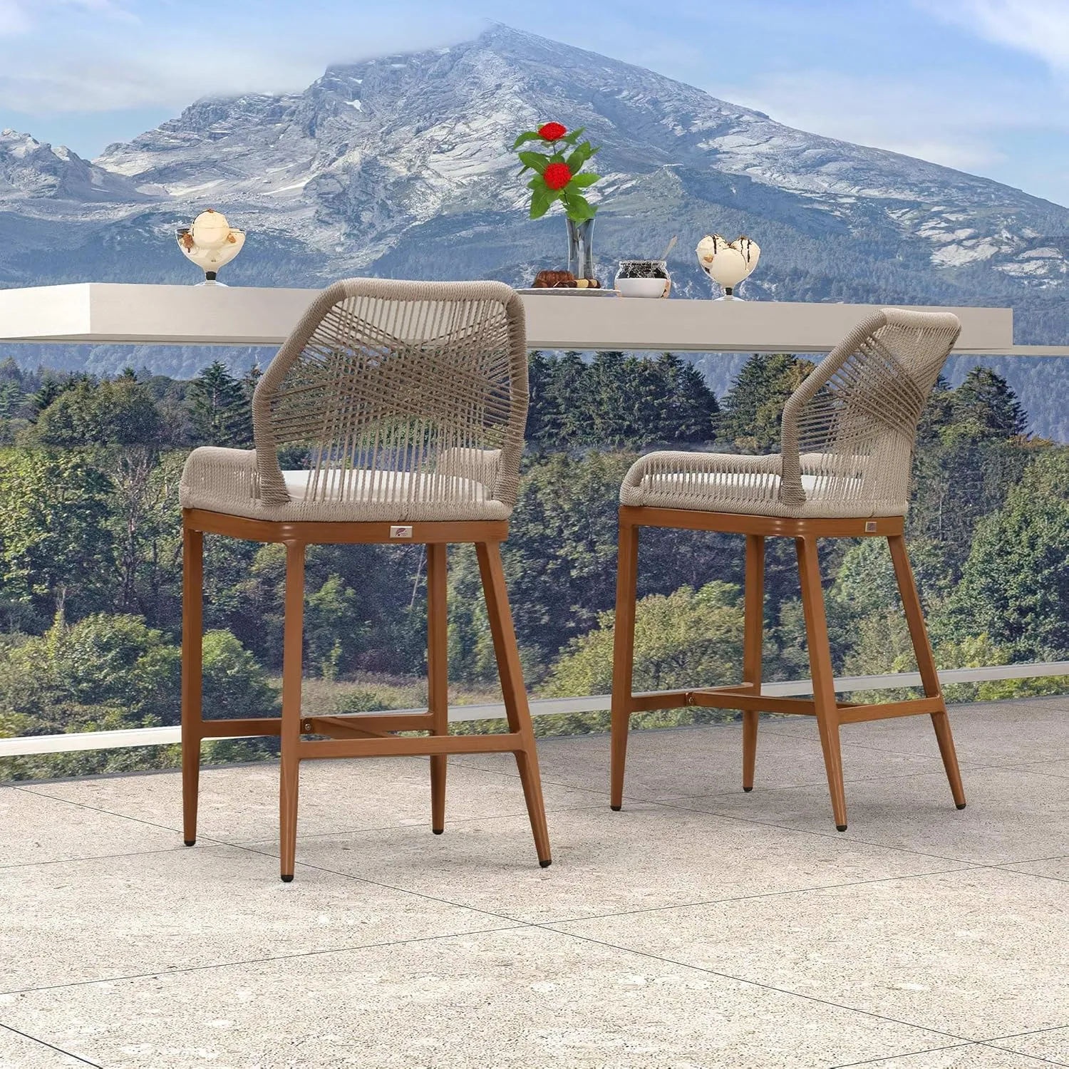 PURPLE LEAF Patio Sunbrella Counter Height Bar Stools 24" H Set of 2 Modern Rattan Bar Chairs Aluminum Stool Outdoor Wicker Barstools with Back and Cushion for Garden Kitchen Island
