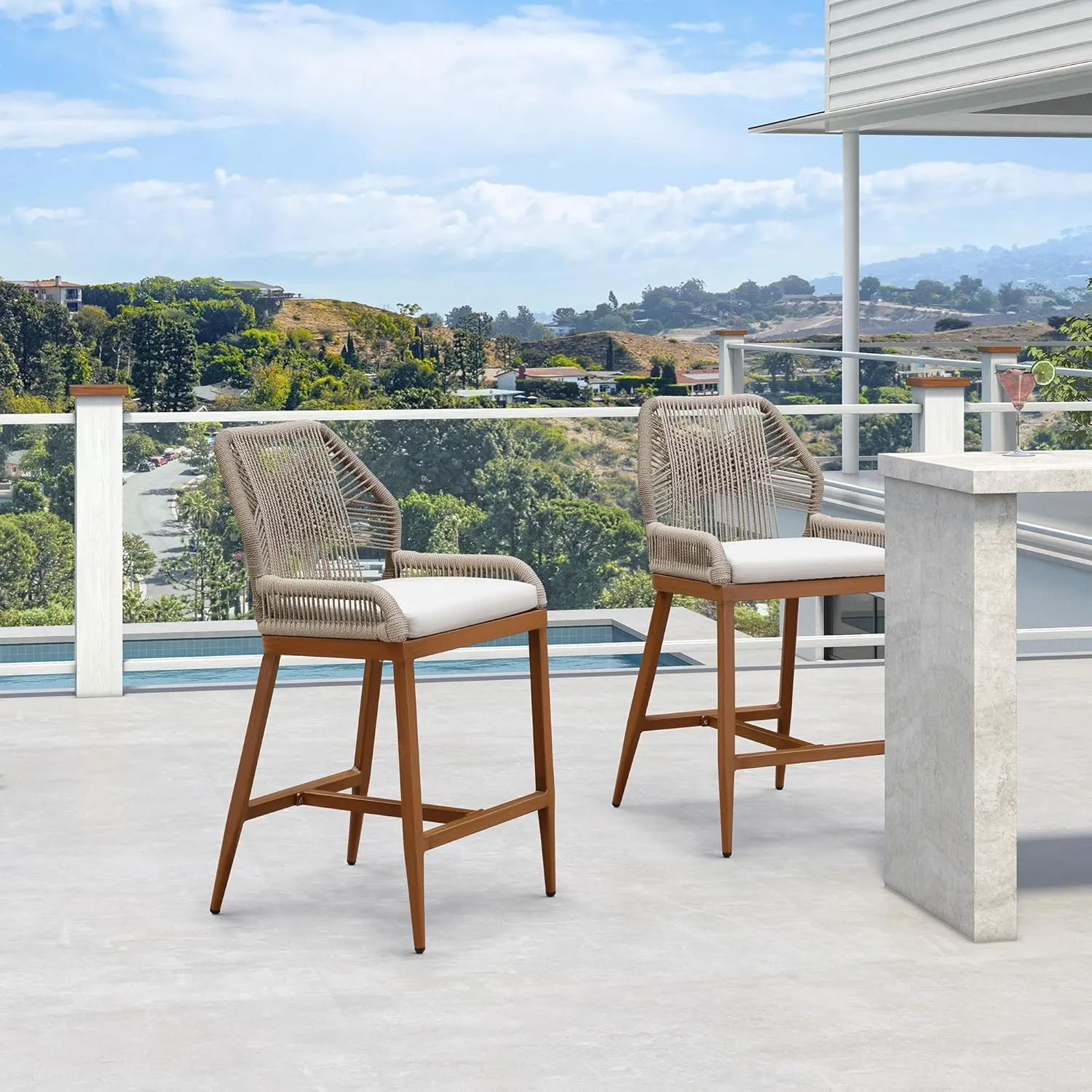 PURPLE LEAF Patio Sunbrella Counter Height Bar Stools 24" H Set of 2 Modern Rattan Bar Chairs Aluminum Stool Outdoor Wicker Barstools with Back and Cushion for Garden Kitchen Island