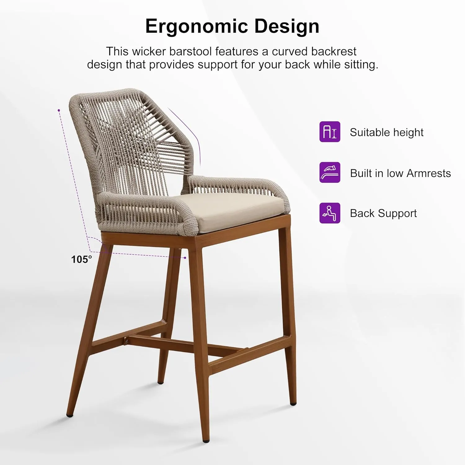 PURPLE LEAF Patio Sunbrella Counter Height Bar Stools 24" H Set of 2 Modern Rattan Bar Chairs Aluminum Stool Outdoor Wicker Barstools with Back and Cushion for Garden Kitchen Island