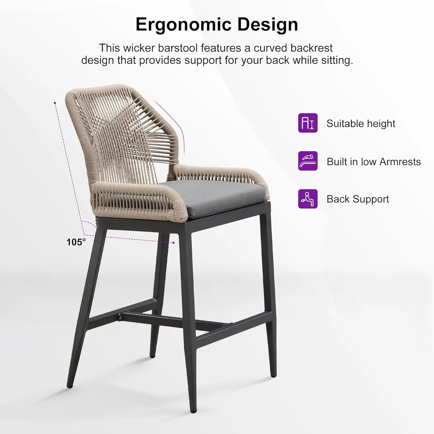 PURPLE LEAF Patio Sunbrella Counter Height Bar Stools 24" H Set of 2 Modern Rattan Bar Chairs Aluminum Stool Outdoor Wicker Barstools with Back and Cushion for Garden Kitchen Island