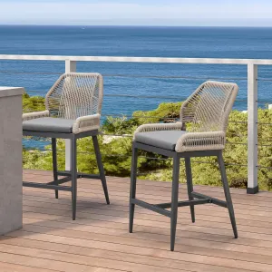 PURPLE LEAF Patio Sunbrella Counter Height Bar Stools 24" H Set of 2 Modern Rattan Bar Chairs Aluminum Stool Outdoor Wicker Barstools with Back and Cushion for Garden Kitchen Island