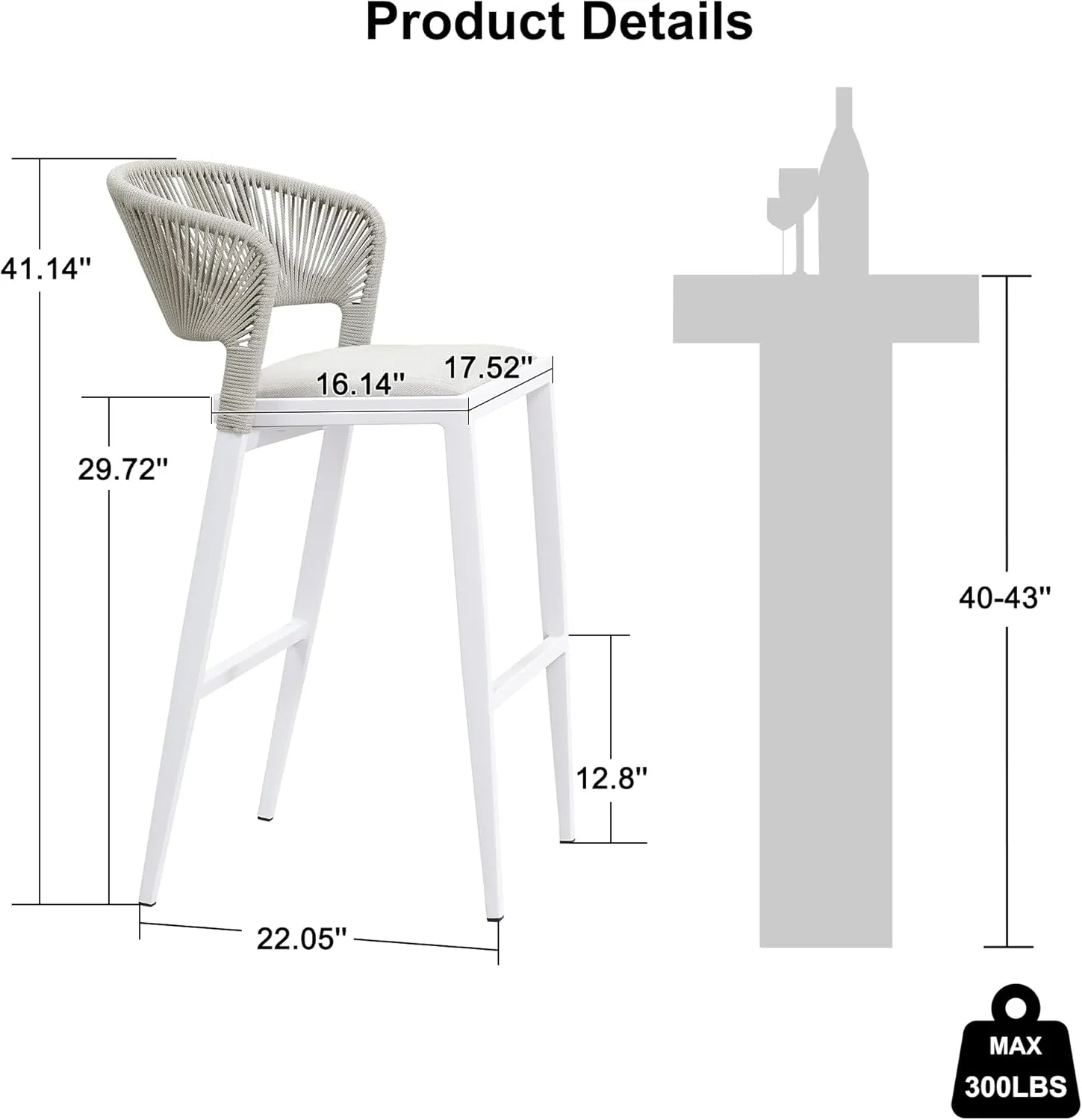 PURPLE LEAF Two Pack Bar Stools Patio Bar Stools with Back Aluminum Bar Height Stools Wicker White Barstools