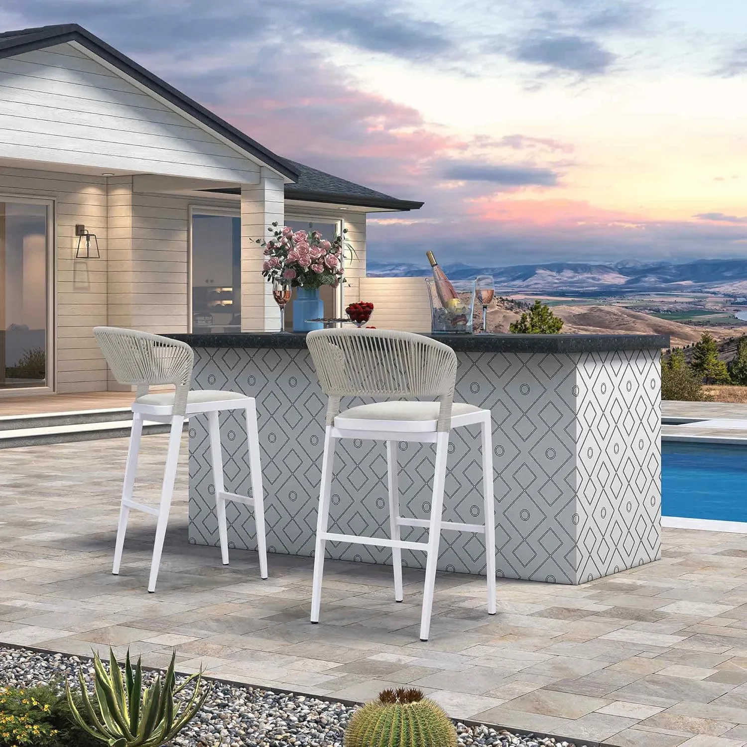 PURPLE LEAF Two Pack Bar Stools Patio Bar Stools with Back Aluminum Bar Height Stools Wicker White Barstools