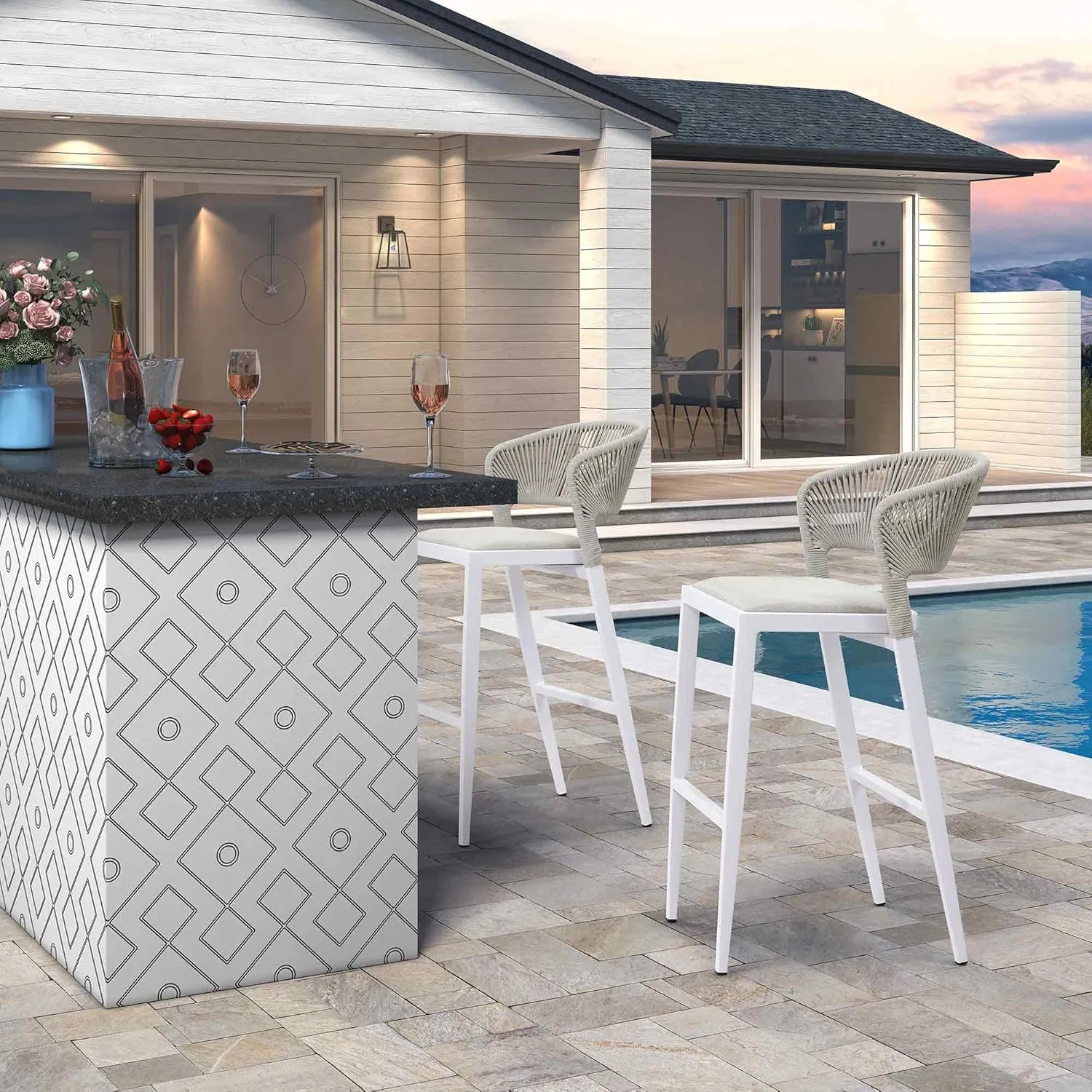 PURPLE LEAF Two Pack Bar Stools Patio Bar Stools with Back Aluminum Bar Height Stools Wicker White Barstools