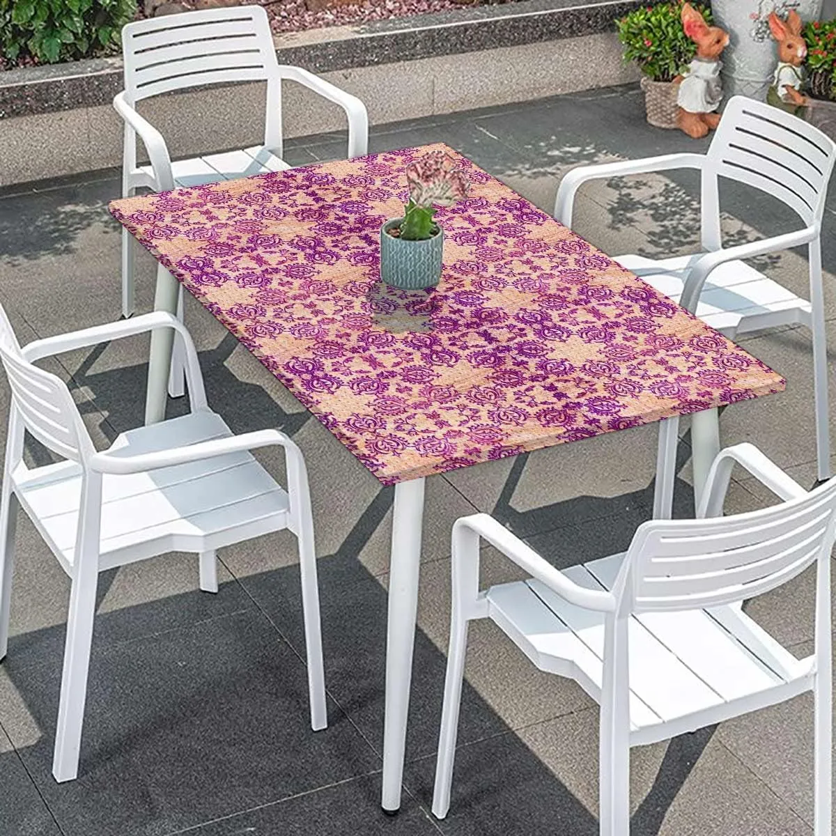 Purple Salmon Tablecloth Elastic Edge Fitted Flower Featured Classic Damask Theme Picnic Fitted Tablecloth Rectangle Table Cover Damask Fits up 5 Foot Tables