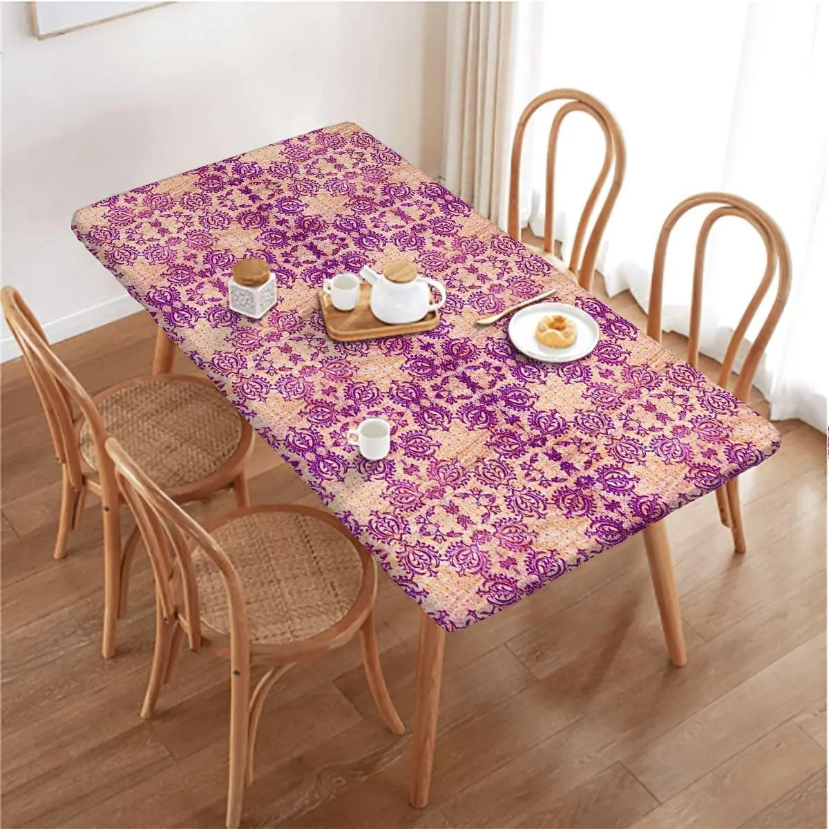 Purple Salmon Tablecloth Elastic Edge Fitted Flower Featured Classic Damask Theme Picnic Fitted Tablecloth Rectangle Table Cover Damask Fits up 5 Foot Tables