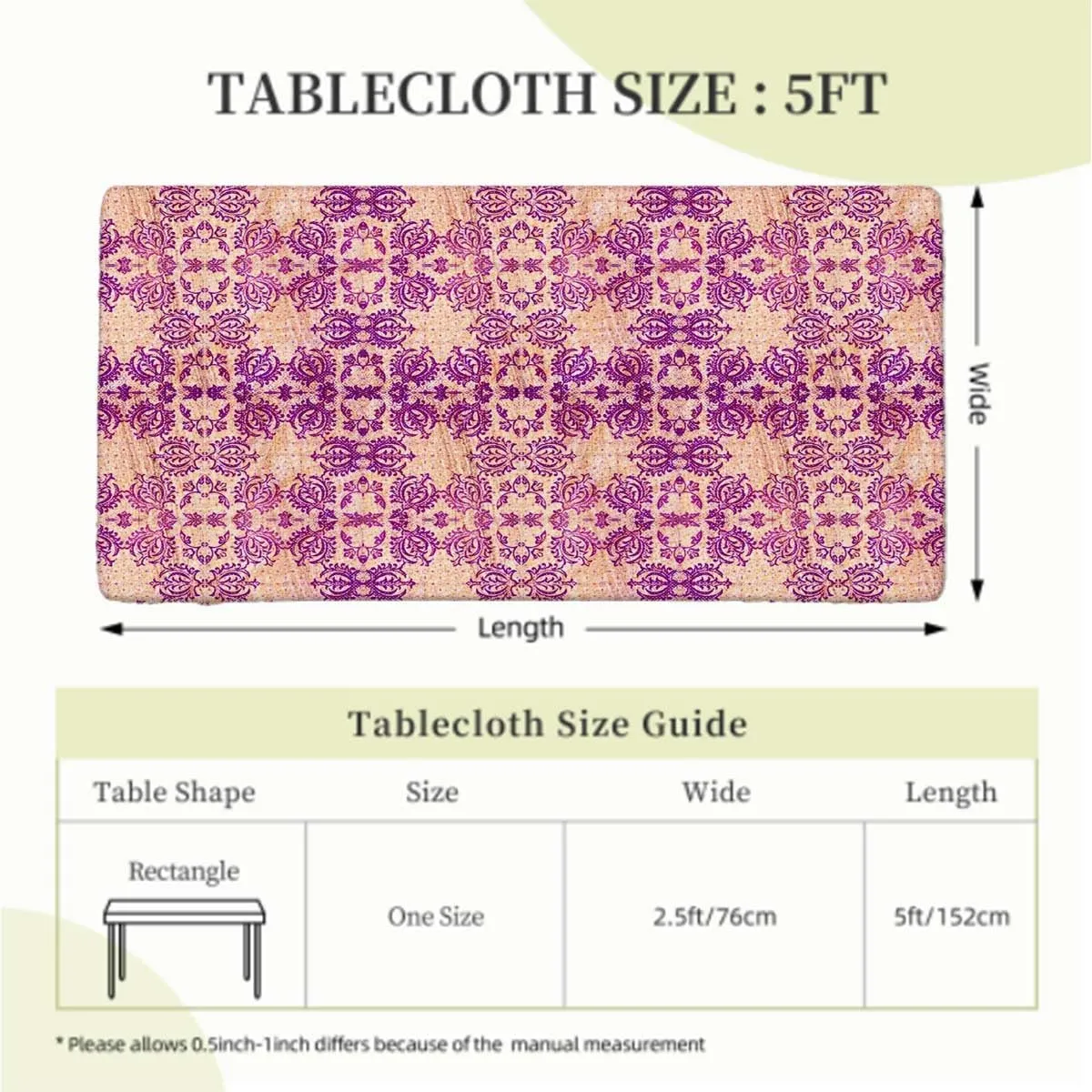 Purple Salmon Tablecloth Elastic Edge Fitted Flower Featured Classic Damask Theme Picnic Fitted Tablecloth Rectangle Table Cover Damask Fits up 5 Foot Tables