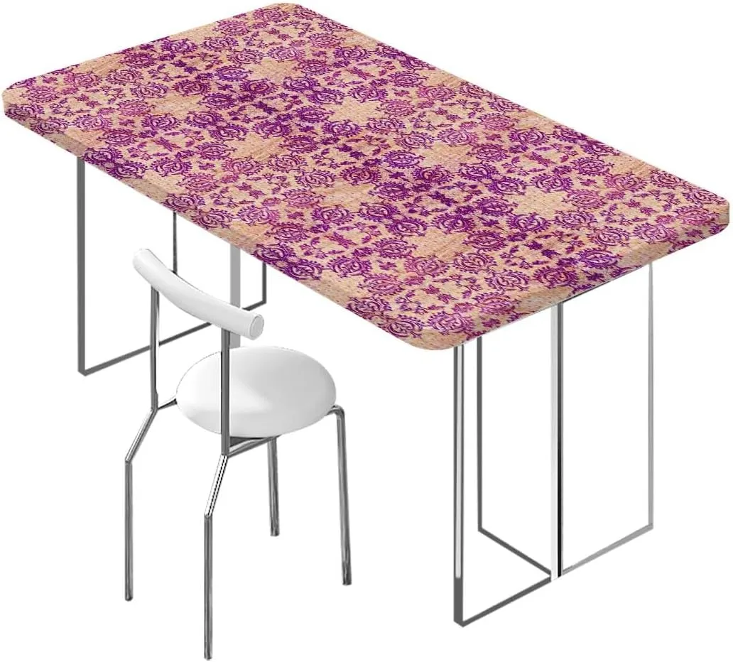 Purple Salmon Tablecloth Elastic Edge Fitted Flower Featured Classic Damask Theme Picnic Fitted Tablecloth Rectangle Table Cover Damask Fits up 5 Foot Tables