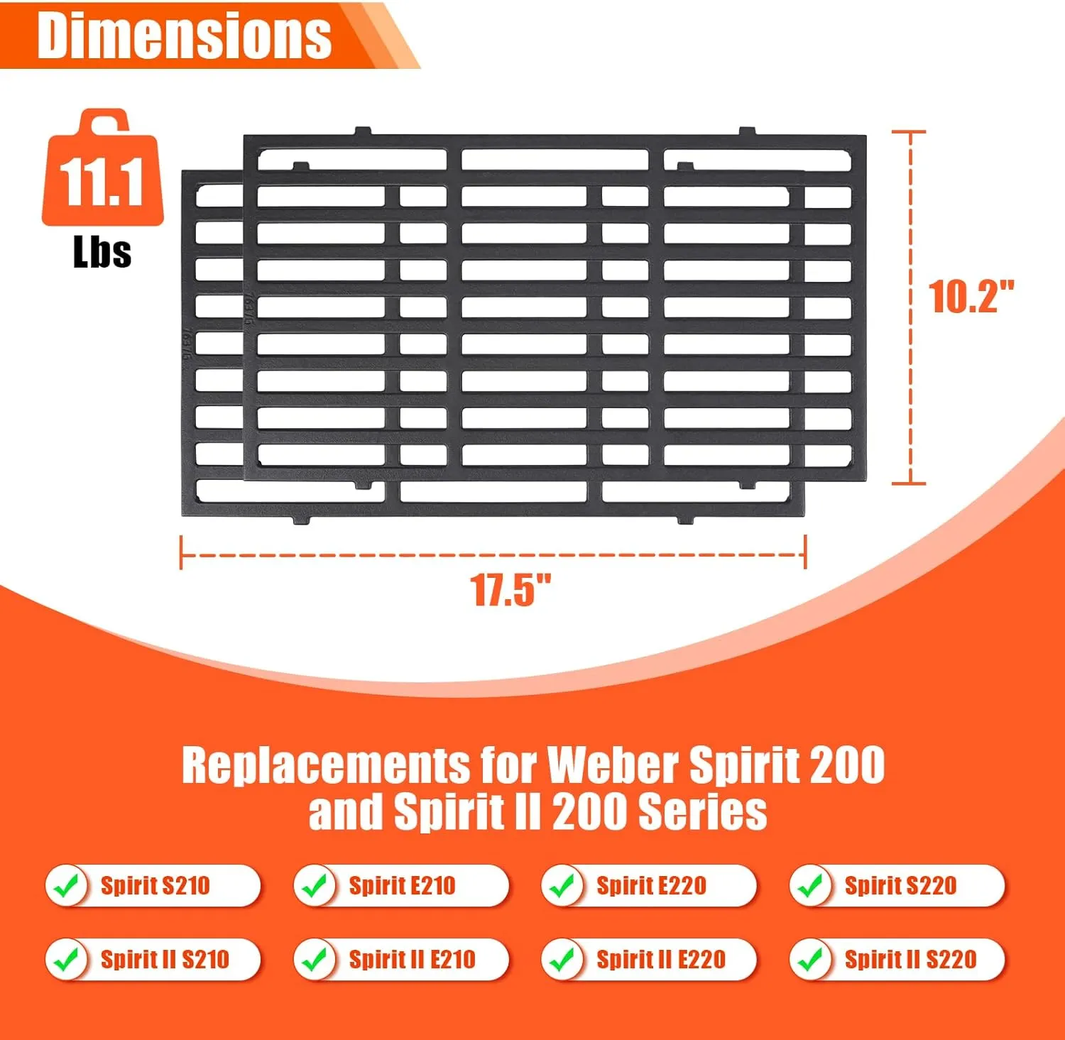QuliMetal 7637 Grill Parts for Weber Spirit E210, 17.5" Grill Grates for Weber Spirit E210, E220, S210, S215 with Front Control, Replacement Parts for Weber Spirit 200 & GS4 Spirit II E210/E220