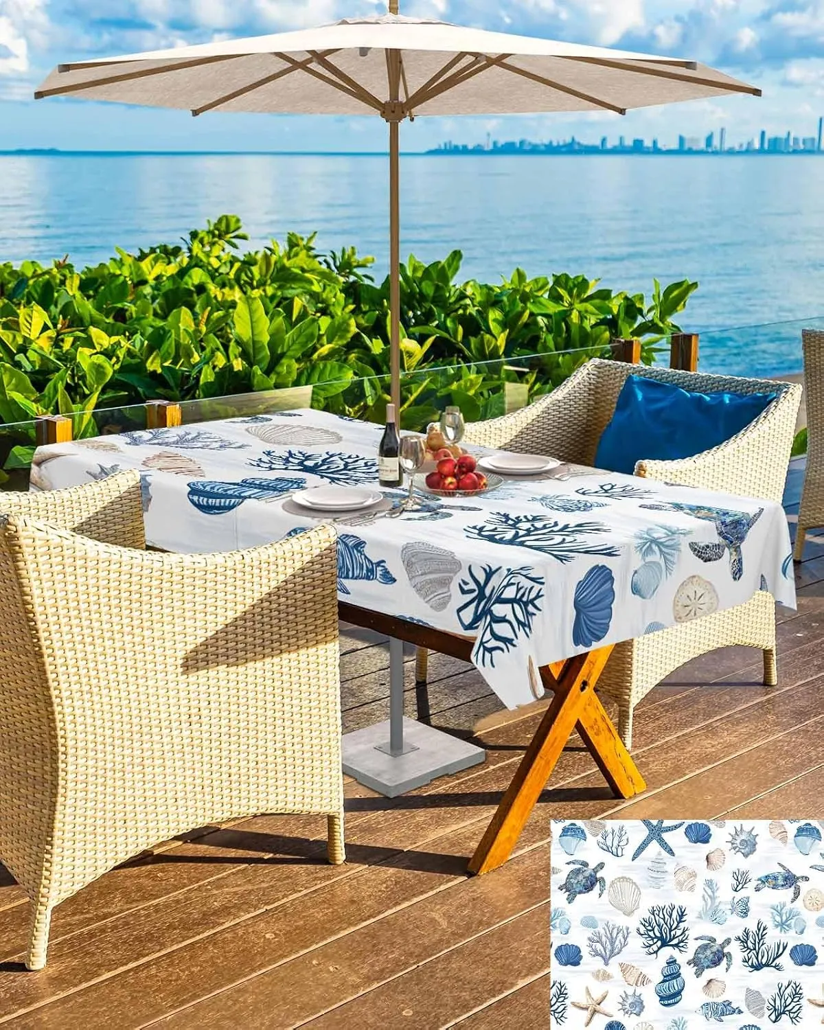 Rectangle Outdoor Tablecloth with Umbrella Hole 60"x84", Blue Sea Turtle Shell Ocean Theme Summer Table Cloth with Zipper, Waterproof Protect Table Covers for Dining Garden Courtyard Patio Camping