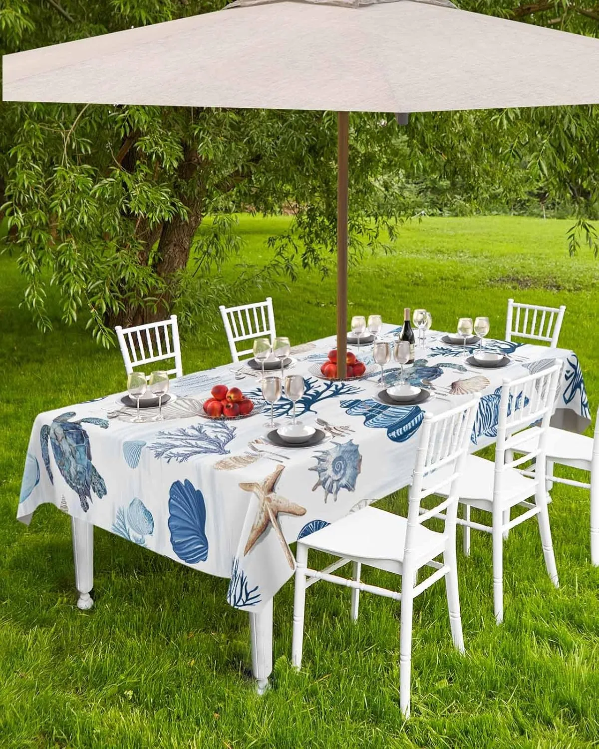 Rectangle Outdoor Tablecloth with Umbrella Hole 60"x84", Blue Sea Turtle Shell Ocean Theme Summer Table Cloth with Zipper, Waterproof Protect Table Covers for Dining Garden Courtyard Patio Camping