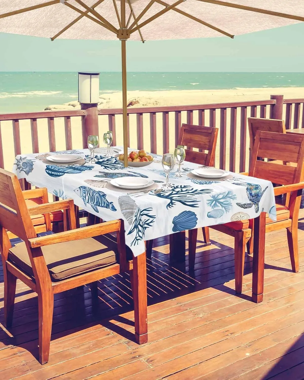 Rectangle Outdoor Tablecloth with Umbrella Hole 60"x84", Blue Sea Turtle Shell Ocean Theme Summer Table Cloth with Zipper, Waterproof Protect Table Covers for Dining Garden Courtyard Patio Camping