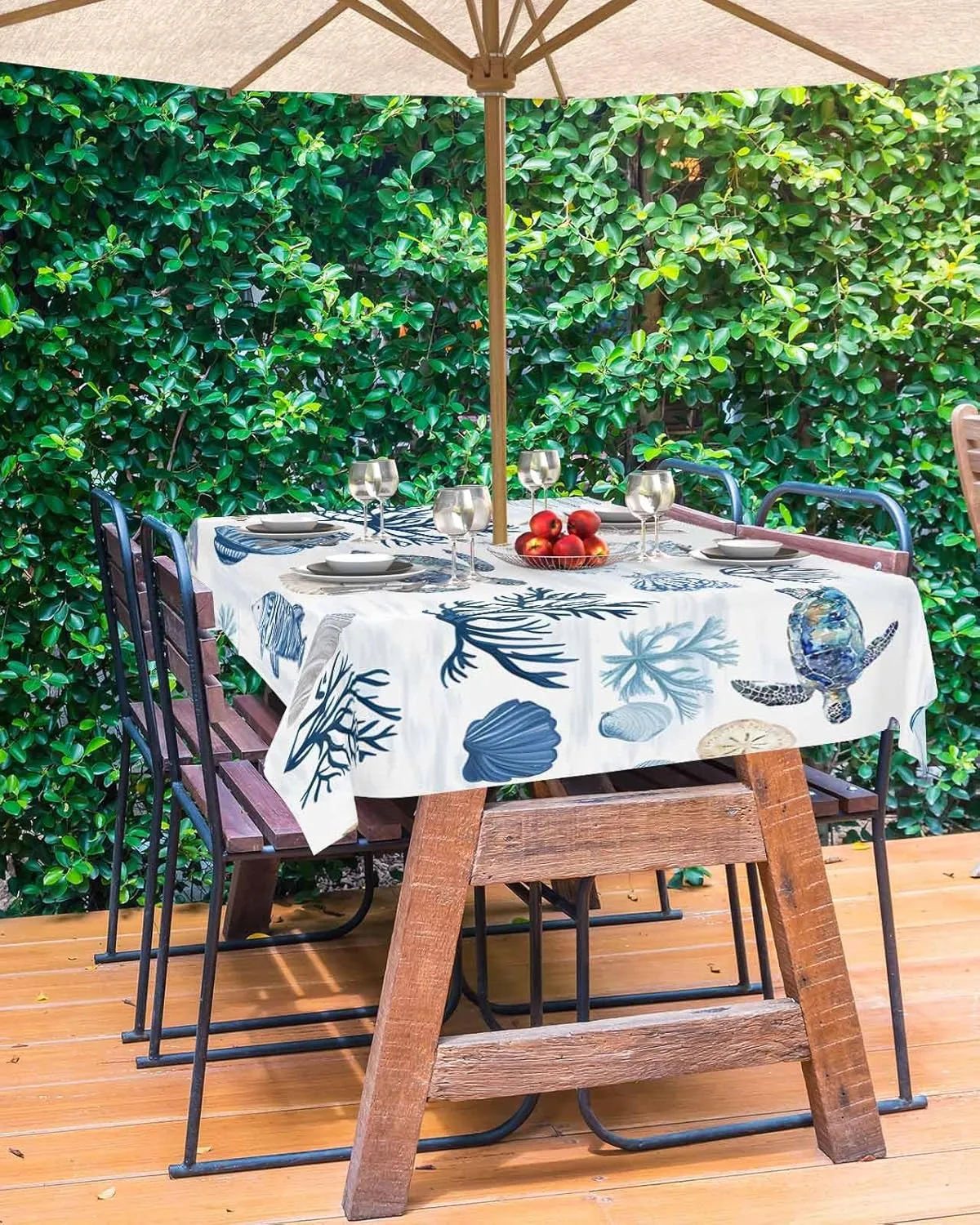 Rectangle Outdoor Tablecloth with Umbrella Hole 60"x84", Blue Sea Turtle Shell Ocean Theme Summer Table Cloth with Zipper, Waterproof Protect Table Covers for Dining Garden Courtyard Patio Camping