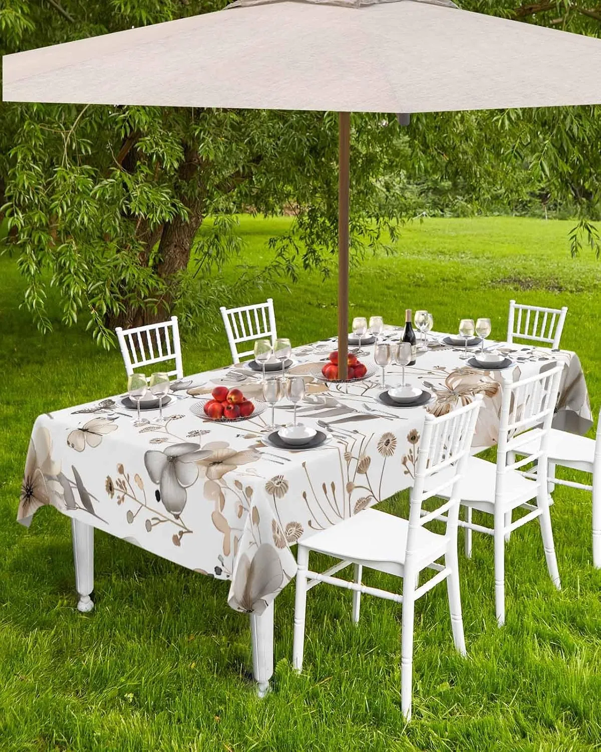 Rectangle Outdoor Tablecloth with Umbrella Hole 60"x84", Brown Flower Printed Plant Garden Design Table Cloth with Zipper, Waterproof Protect Table Covers for Dining Garden Courtyard Patio Camping