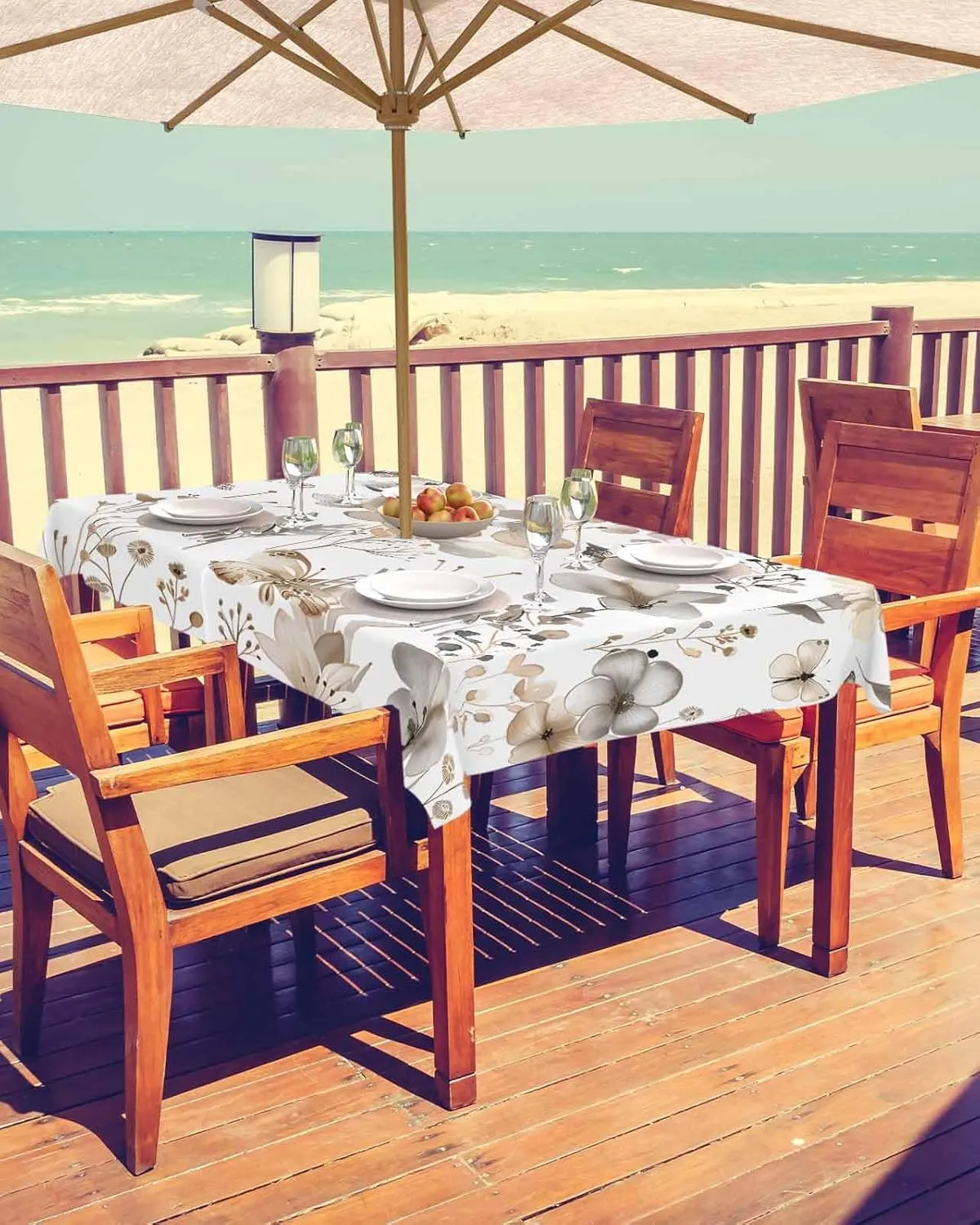 Rectangle Outdoor Tablecloth with Umbrella Hole 60"x84", Brown Flower Printed Plant Garden Design Table Cloth with Zipper, Waterproof Protect Table Covers for Dining Garden Courtyard Patio Camping