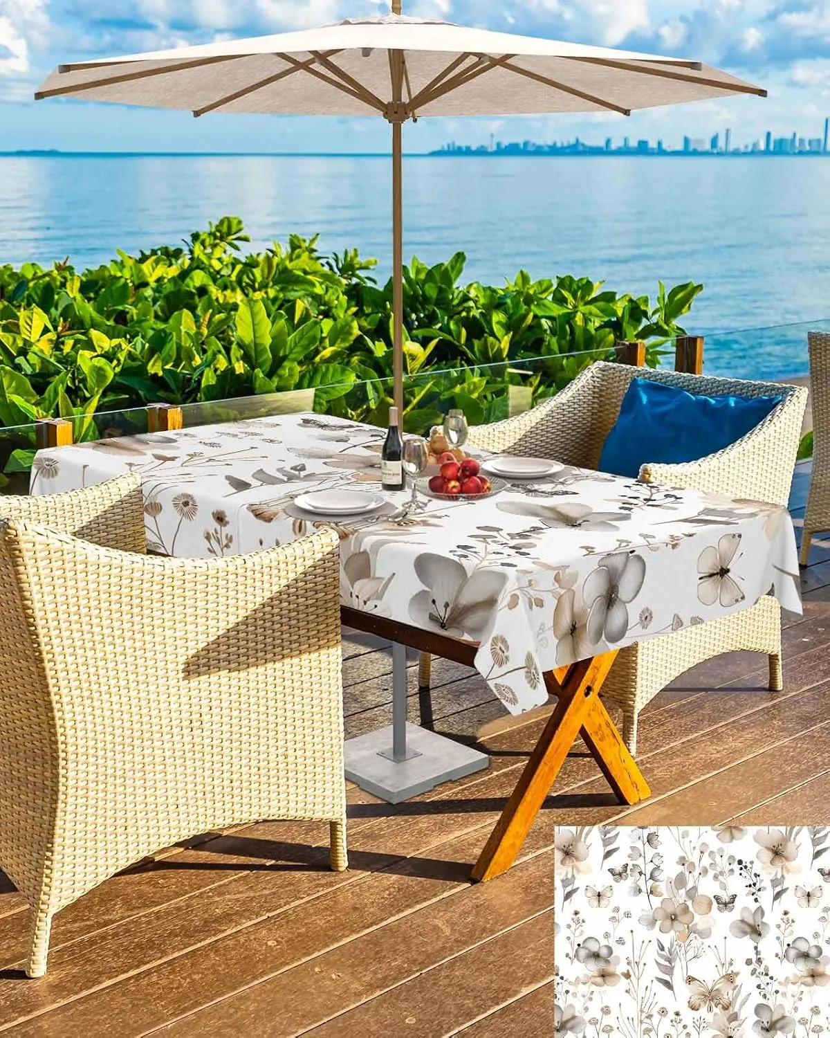 Rectangle Outdoor Tablecloth with Umbrella Hole 60"x84", Brown Flower Printed Plant Garden Design Table Cloth with Zipper, Waterproof Protect Table Covers for Dining Garden Courtyard Patio Camping