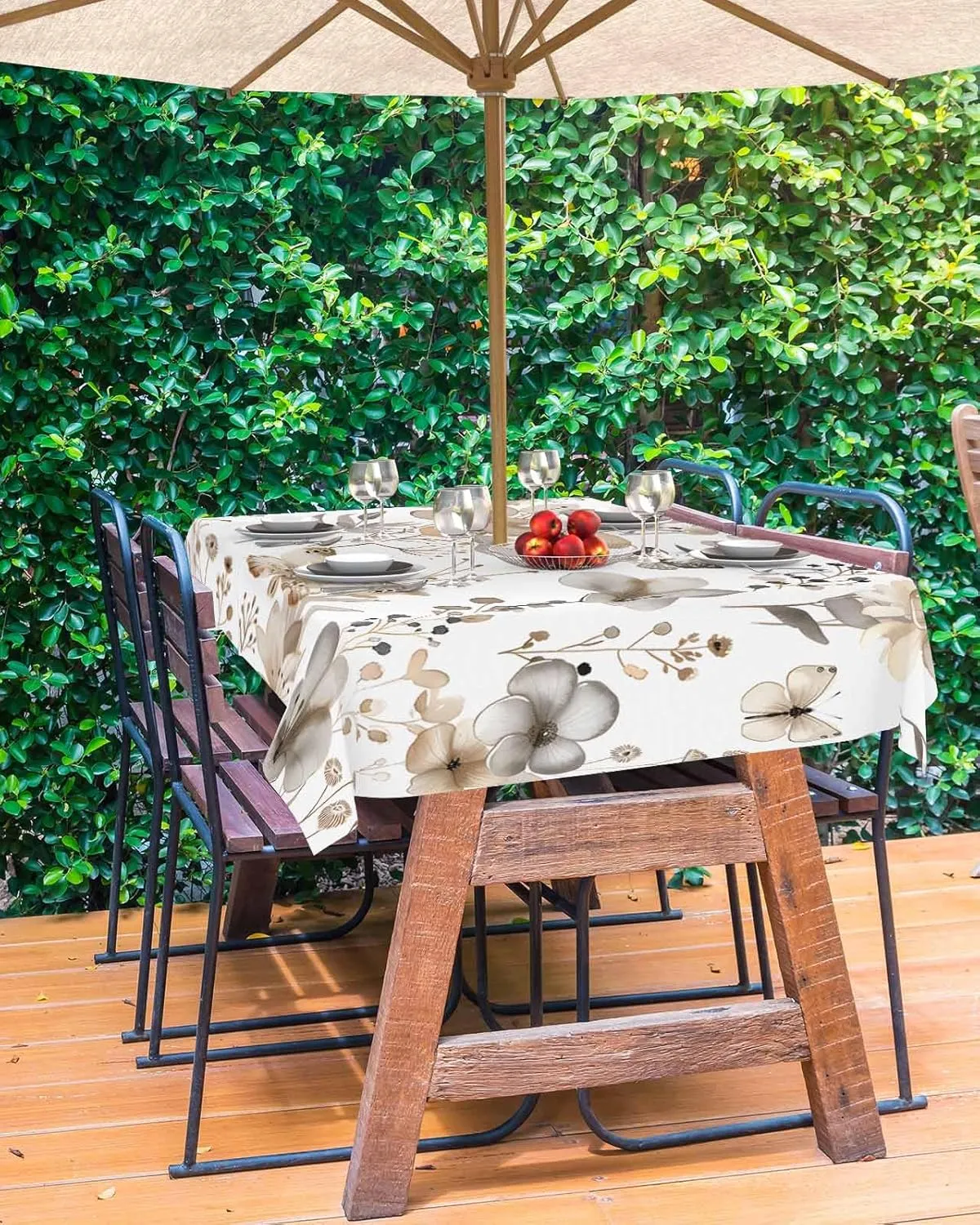 Rectangle Outdoor Tablecloth with Umbrella Hole 60"x84", Brown Flower Printed Plant Garden Design Table Cloth with Zipper, Waterproof Protect Table Covers for Dining Garden Courtyard Patio Camping
