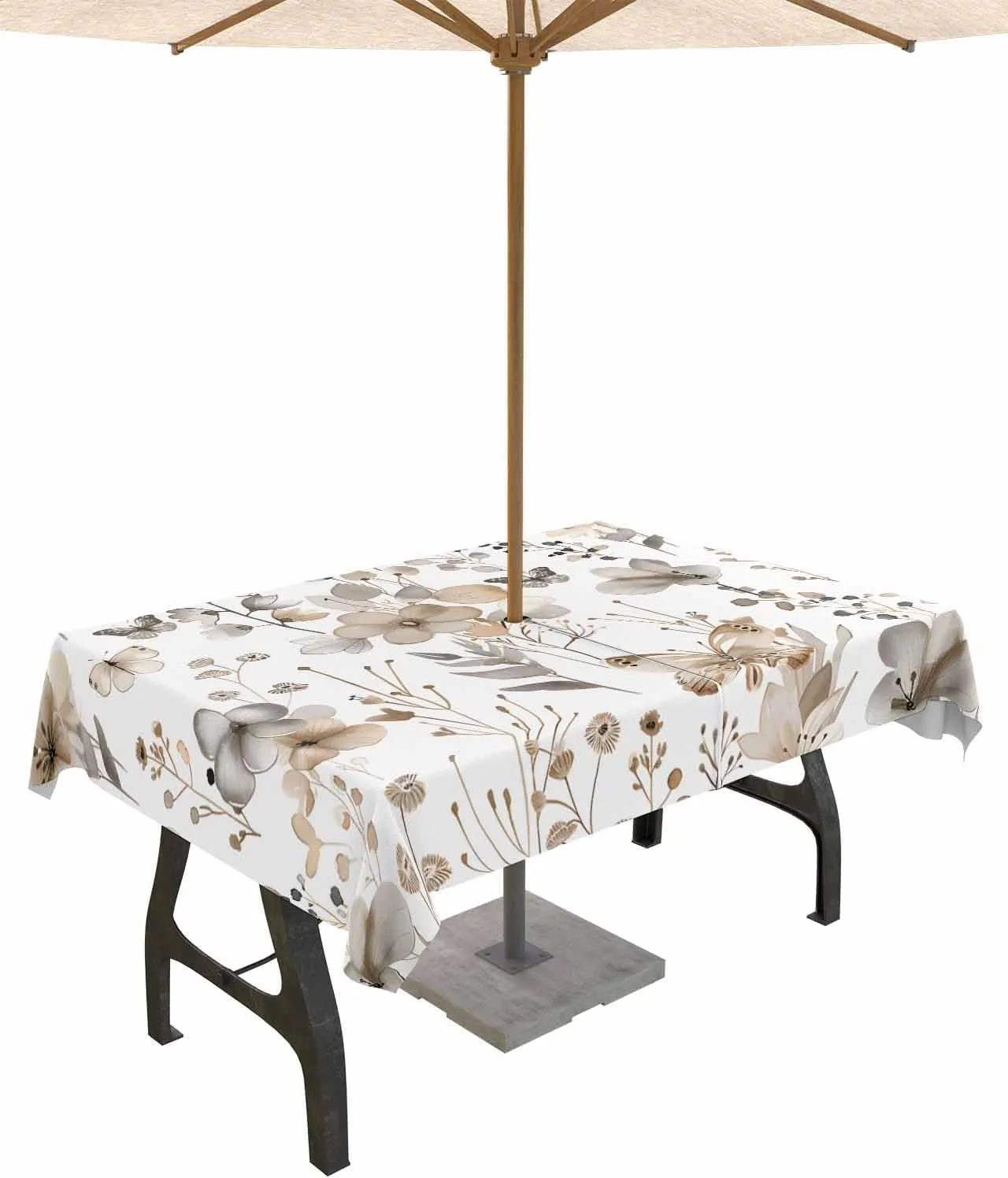 Rectangle Outdoor Tablecloth with Umbrella Hole 60"x84", Brown Flower Printed Plant Garden Design Table Cloth with Zipper, Waterproof Protect Table Covers for Dining Garden Courtyard Patio Camping