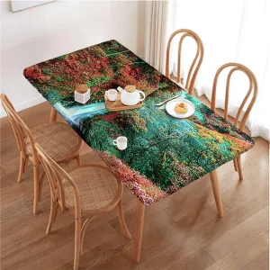 Red Blue Elastic Edge Fitted Tablecloth, Waterfall in Corner of The Deep Forest Rectangle Table Cover for Outdoor Picnic Camping Parties Waterfall Fits up 5 Foot Tables