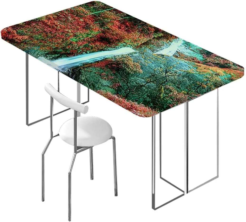 Red Blue Elastic Edge Fitted Tablecloth, Waterfall in Corner of The Deep Forest Rectangle Table Cover for Outdoor Picnic Camping Parties Waterfall Fits up 5 Foot Tables