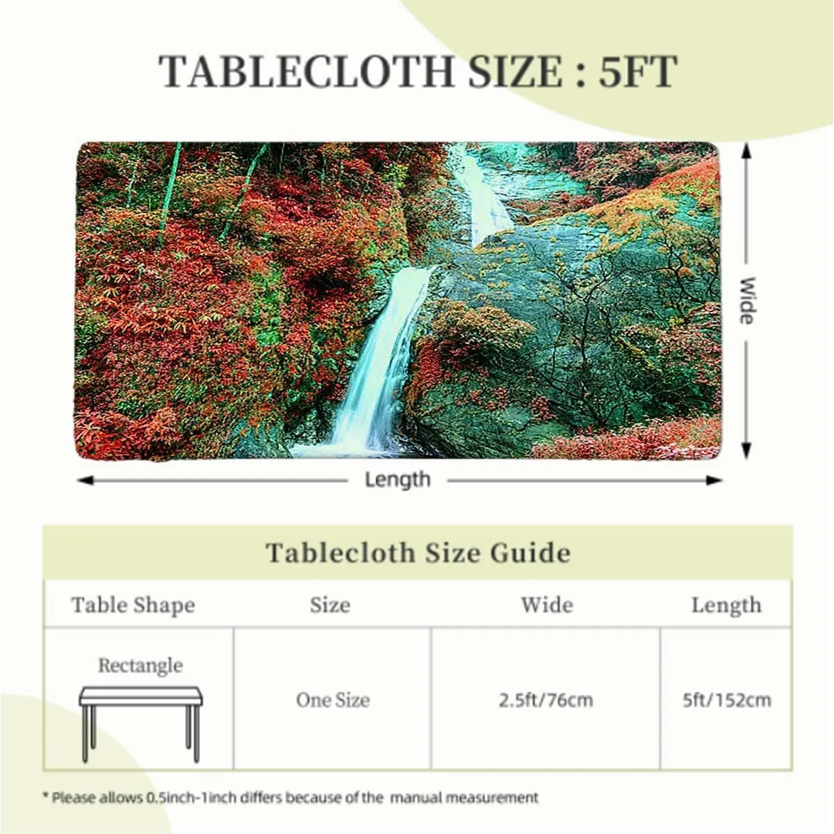 Red Blue Elastic Edge Fitted Tablecloth, Waterfall in Corner of The Deep Forest Rectangle Table Cover for Outdoor Picnic Camping Parties Waterfall Fits up 5 Foot Tables