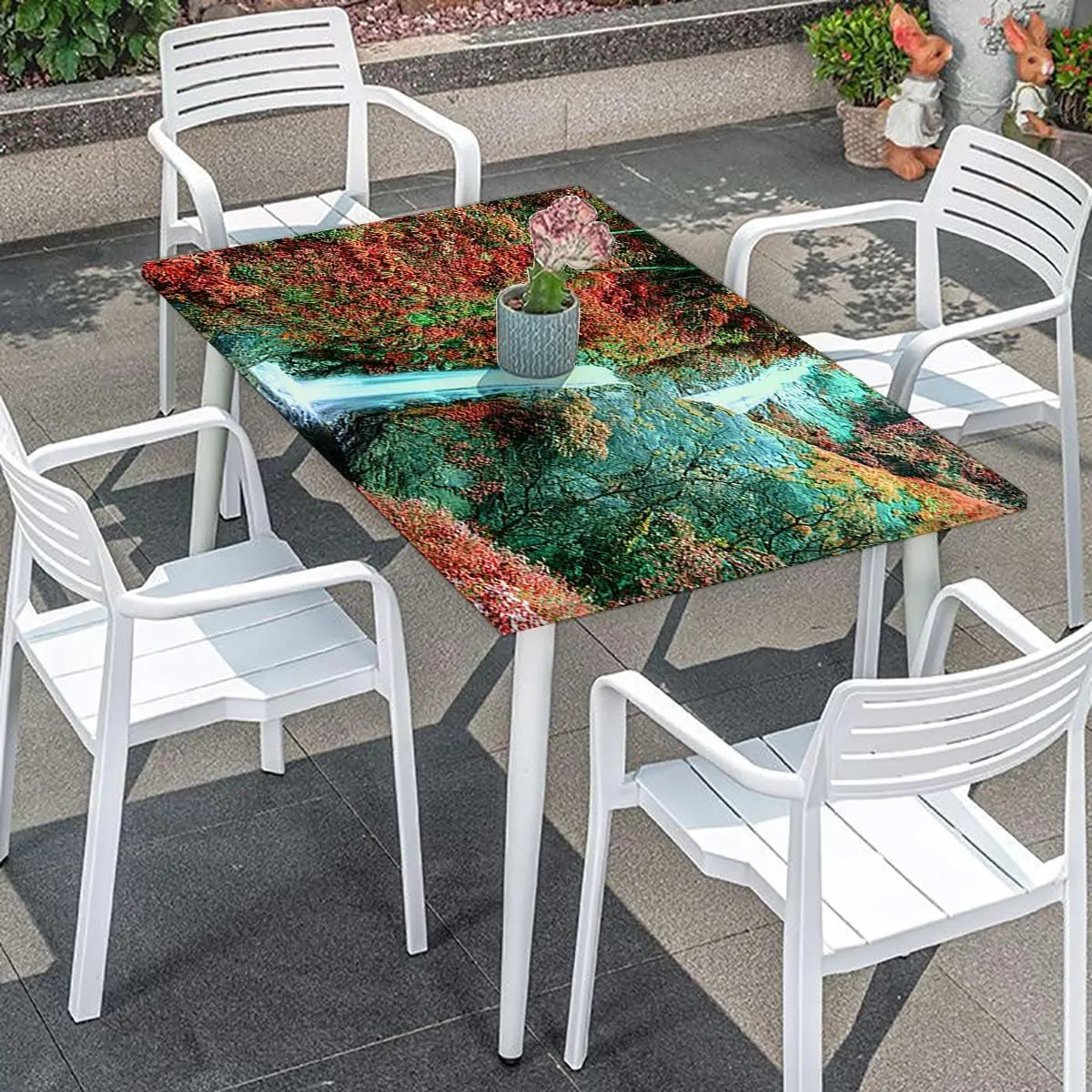 Red Blue Elastic Edge Fitted Tablecloth, Waterfall in Corner of The Deep Forest Rectangle Table Cover for Outdoor Picnic Camping Parties Waterfall Fits up 5 Foot Tables