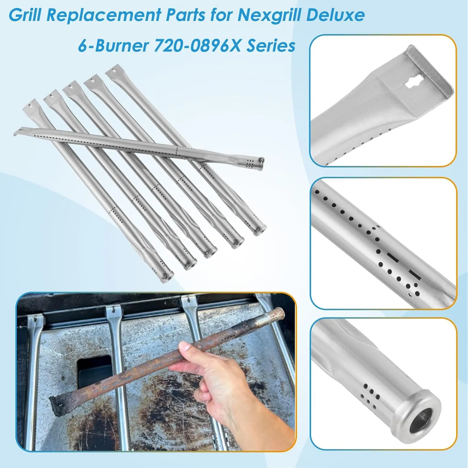 Replacement Parts for Nexgrill 720-0896B 720-0896E 720-0896X 720-0896C Deluxe 6-Burner Gas Grills, Cooking Grate, Grill Heat Shield Tent and Burner for Nexgrill Replacement Parts 6 Burner