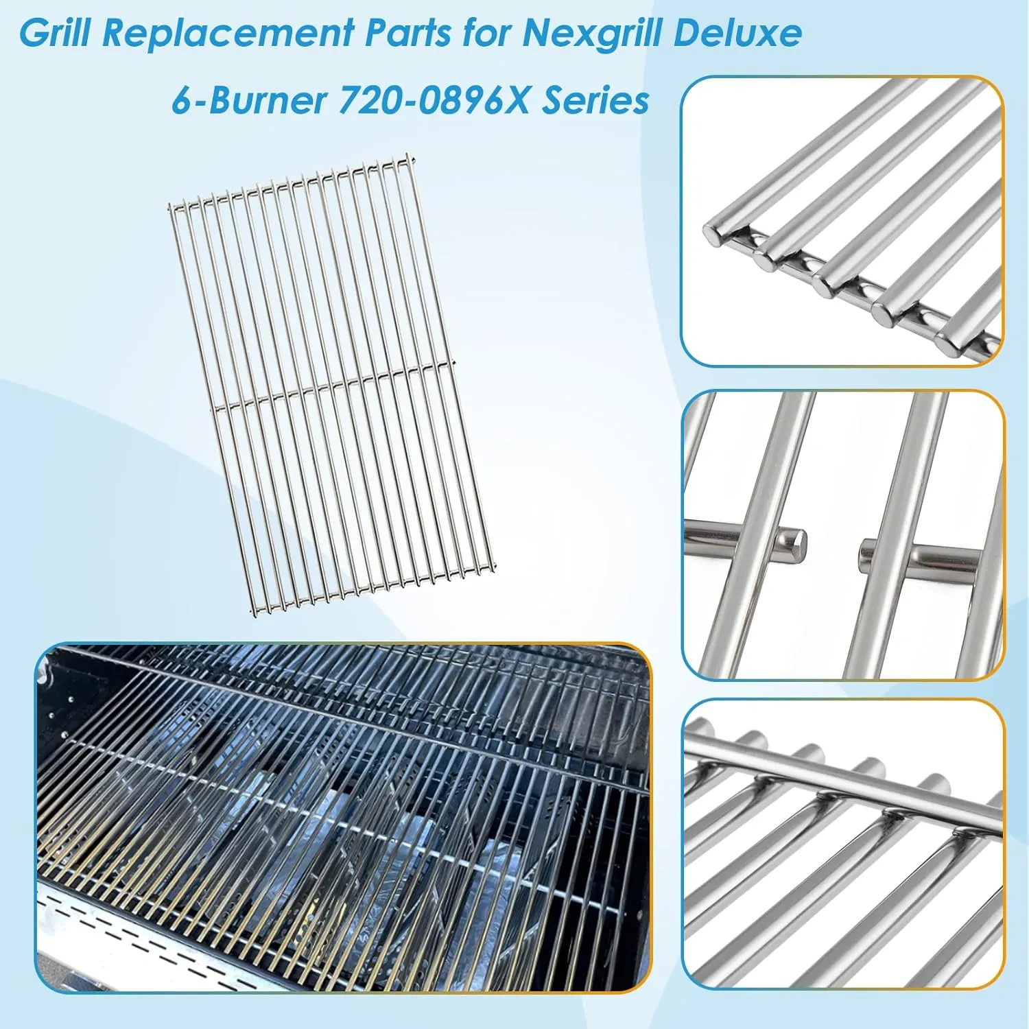 Replacement Parts for Nexgrill 720-0896B 720-0896E 720-0896X 720-0896C Deluxe 6-Burner Gas Grills, Cooking Grate, Grill Heat Shield Tent and Burner for Nexgrill Replacement Parts 6 Burner