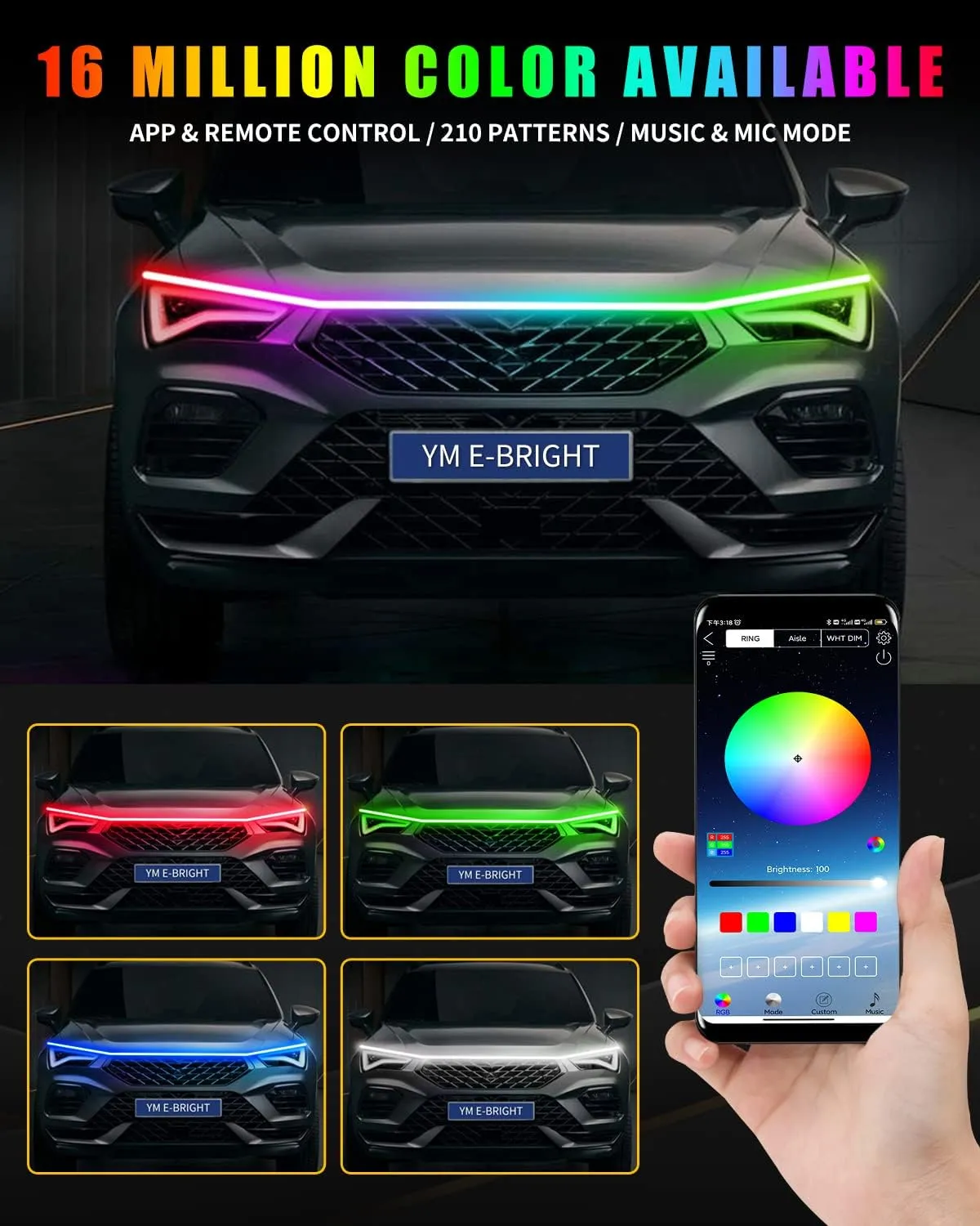 RGB Hood Light Strip with Sequential Turn Signal Indicator Function Waterproof Multicolor Dynamic Scan Start Up Hoodbeam Kit for Cars,Truck,Suv,with APP Control,12V 79inch/2M (1Set)