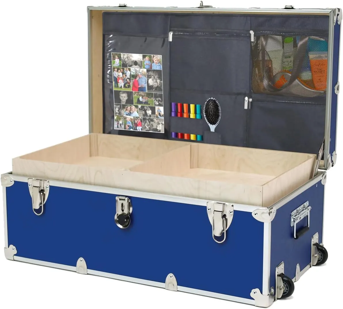 Rhino Trunk & Case Large Essential Summer Camp Trunk with Wheels, Tray & Lid Organizer, Camping Footlocker Storage Chest, Strong 1000  Pound Sitting Capacity Campers Trunks 32"x18"x14"