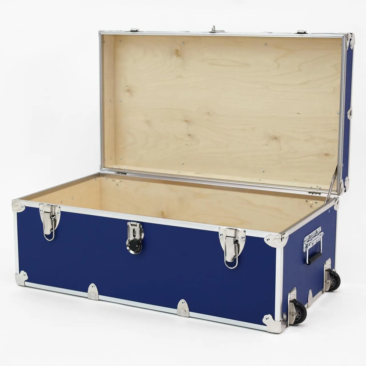 Rhino Trunk & Case Large Essential Summer Camp Trunk with Wheels, Tray & Lid Organizer, Camping Footlocker Storage Chest, Strong 1000  Pound Sitting Capacity Campers Trunks 32"x18"x14"
